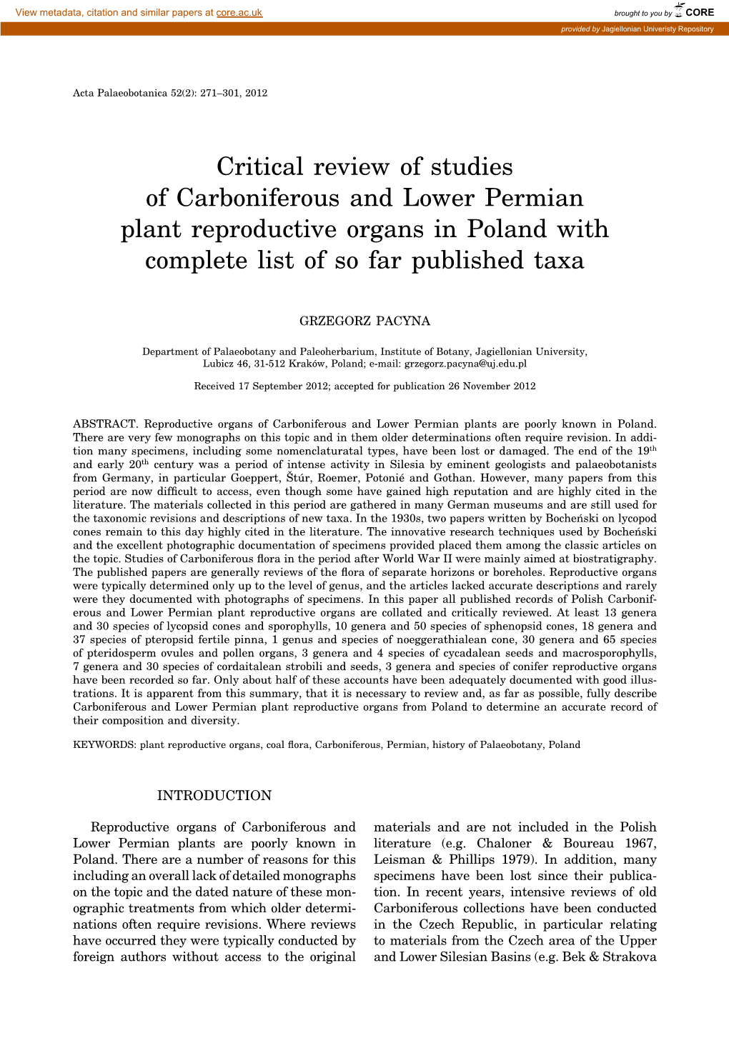 Critical Review of Studies of Carboniferous and Lower Permian Plant Reproductive Organs in Poland with Complete List of So Far Published Taxa