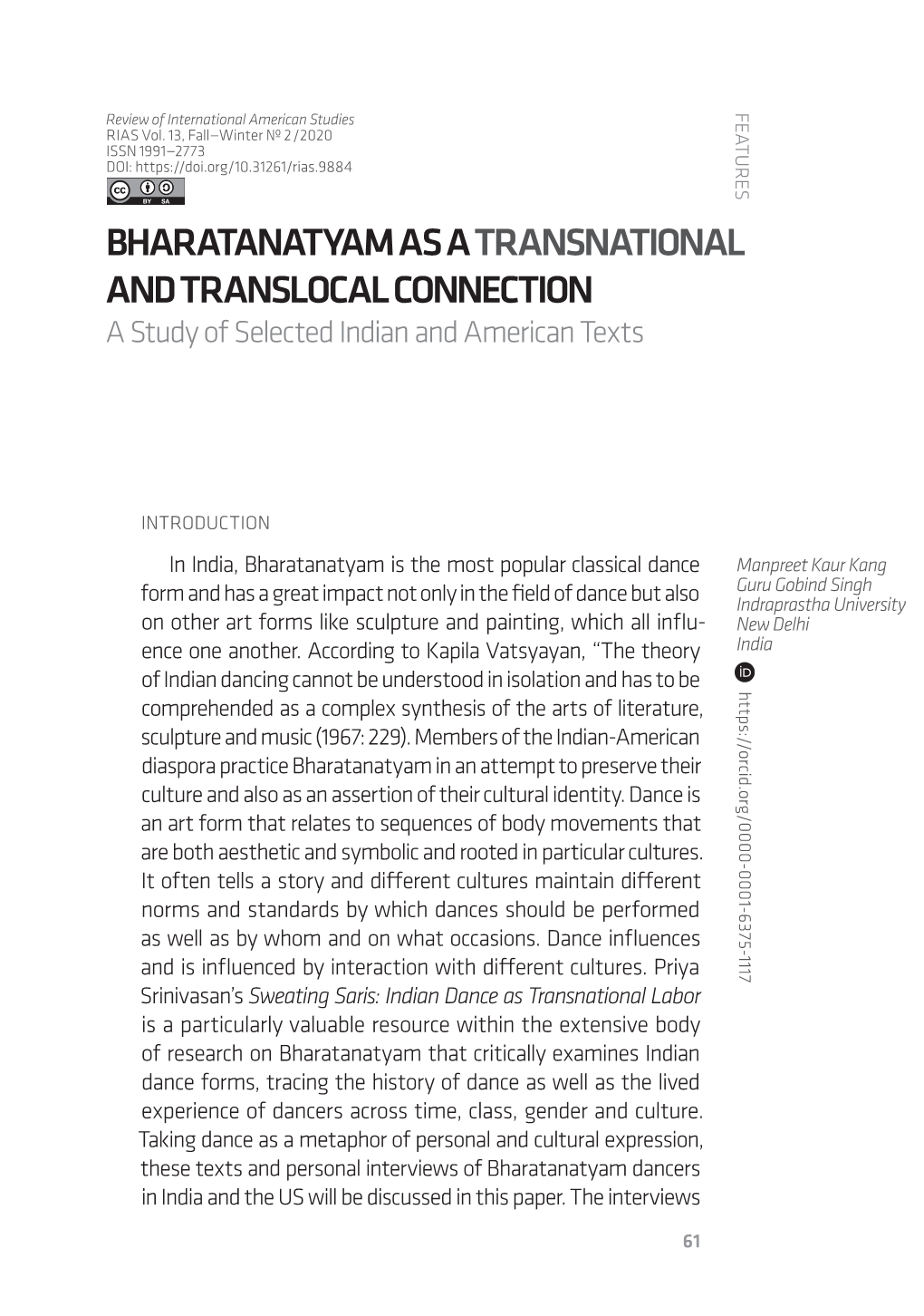 BHARATANATYAM AS a TRANSNATIONAL and TRANSLOCAL CONNECTION a Study of Selected Indian and American Texts