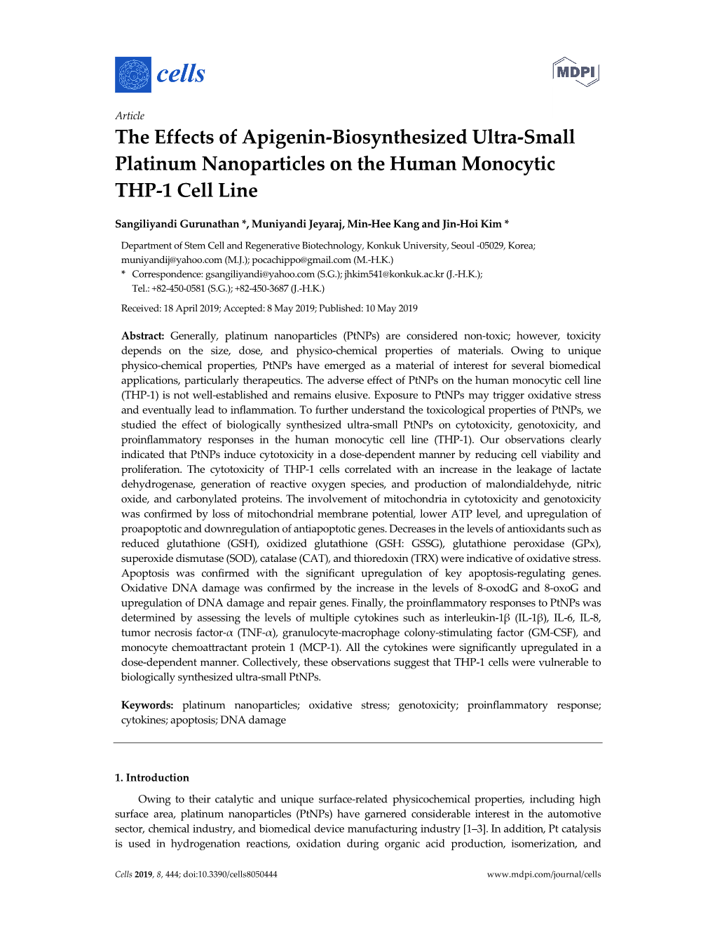 The Effects of Apigenin-Biosynthesized Ultra-Small Platinum Nanoparticles on the Human Monocytic THP-1 Cell Line