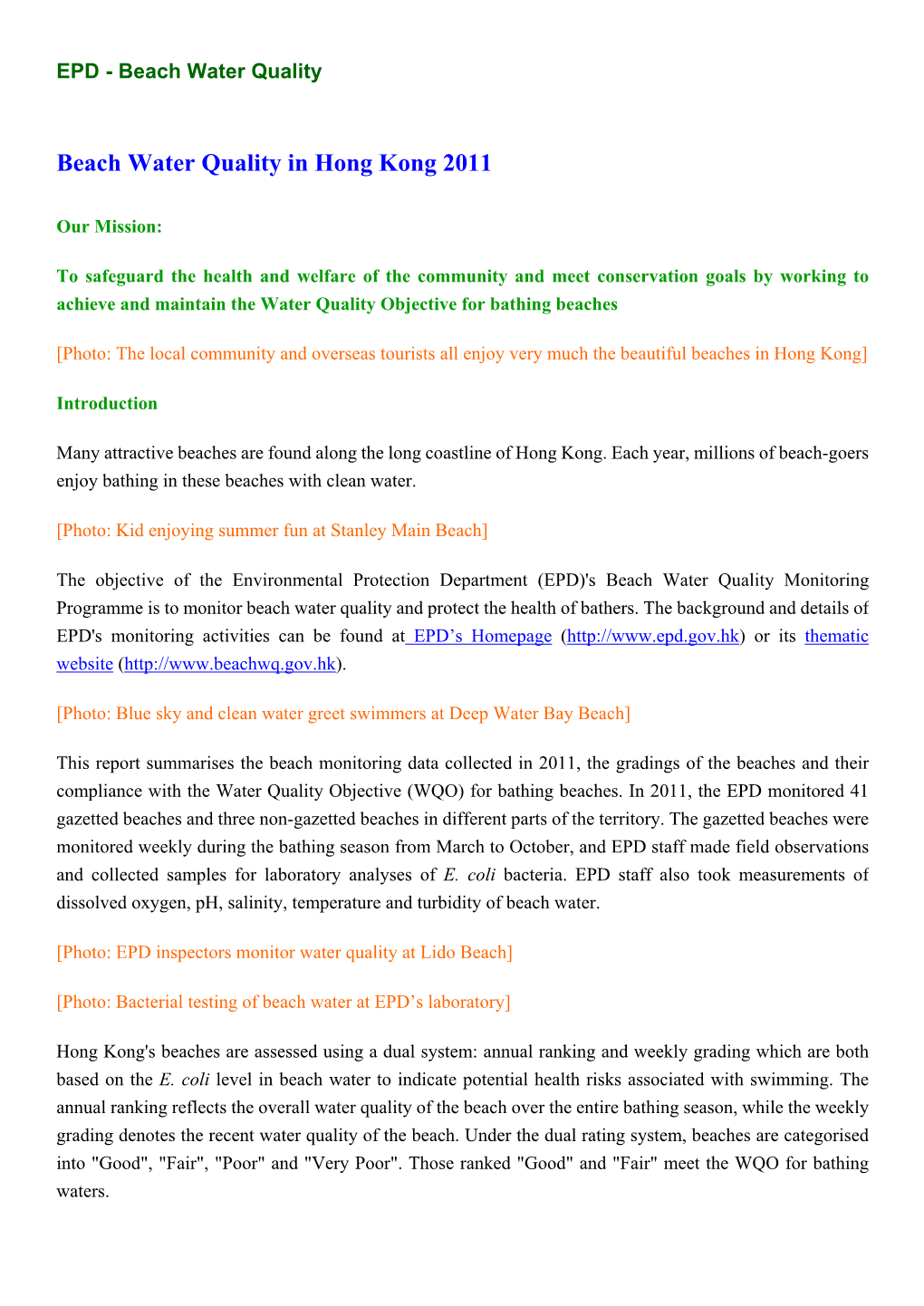 Beach Water Quality in Hong Kong 2011