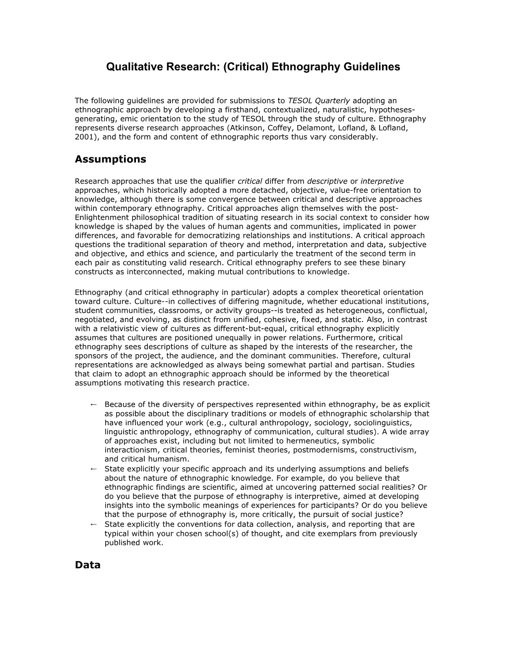 Qualitative Research: (Critical) Ethnography Guidelines