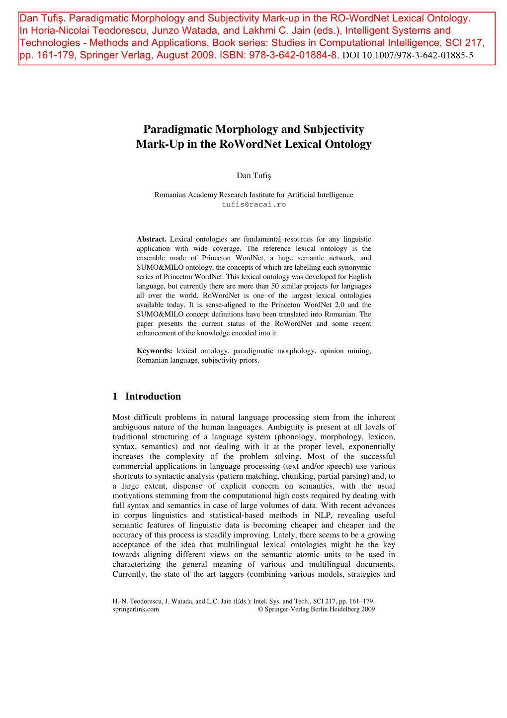 Paradigmatic Morphology and Subjectivity Mark-Up in the Rowordnet Lexical Ontology