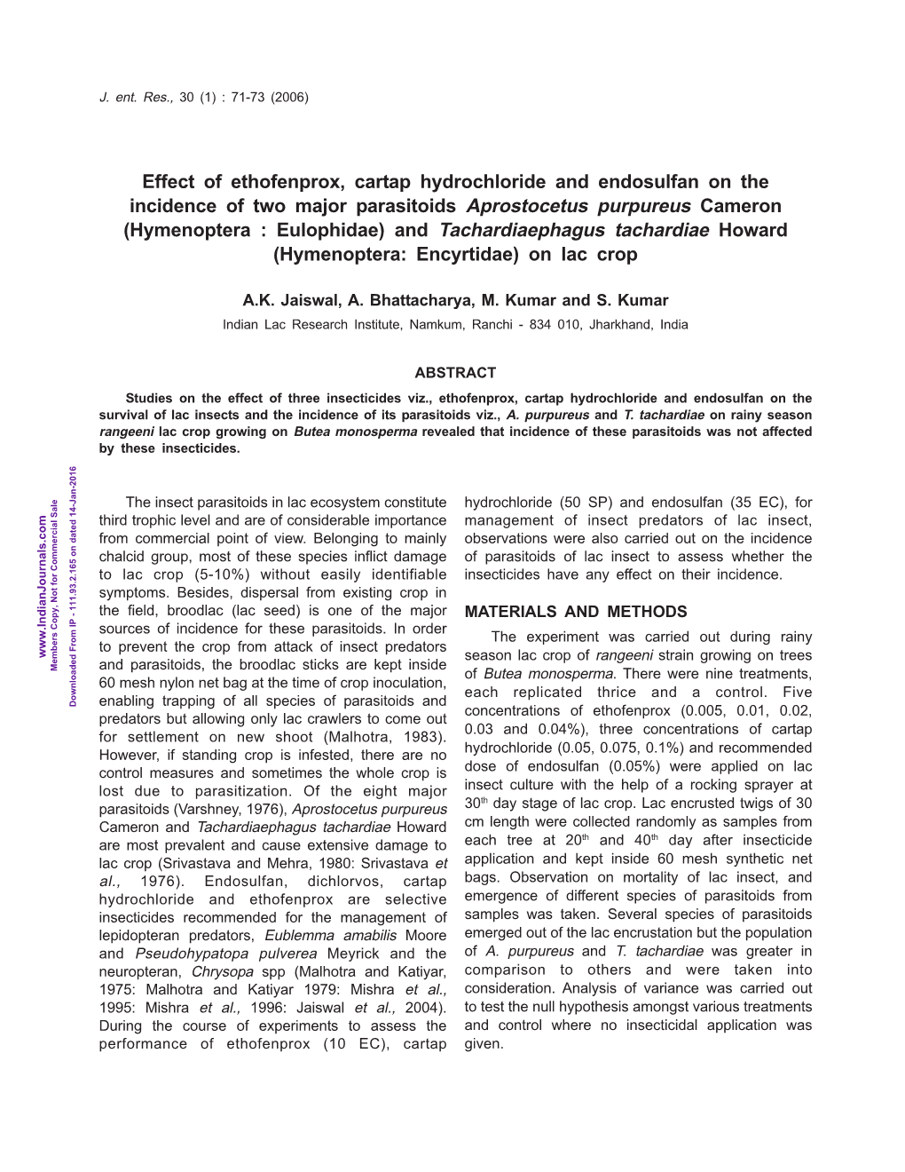 Effect of Ethofenprox, Cartap Hydrochloride and Endosulfan On