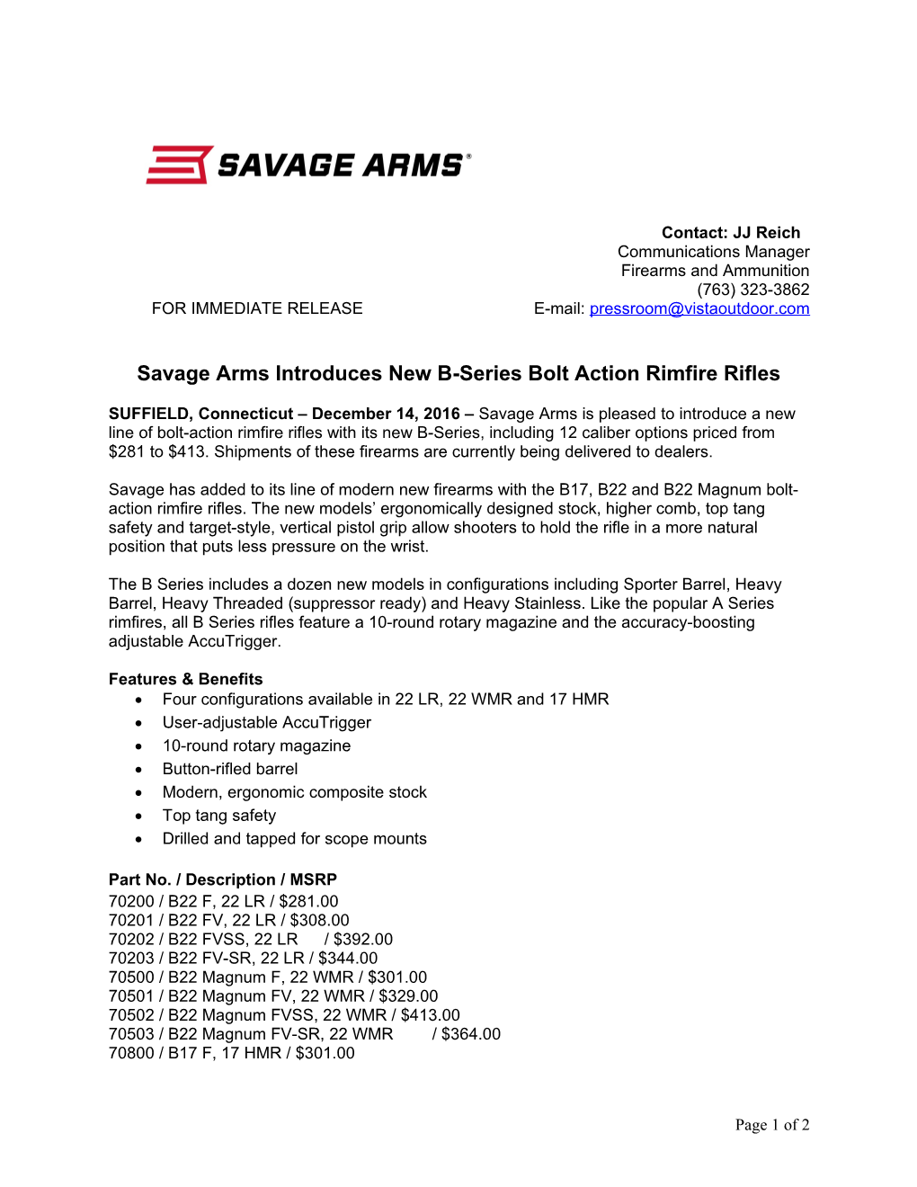 Savage Arms Introduces New B-Series Bolt Action Rimfire Rifles