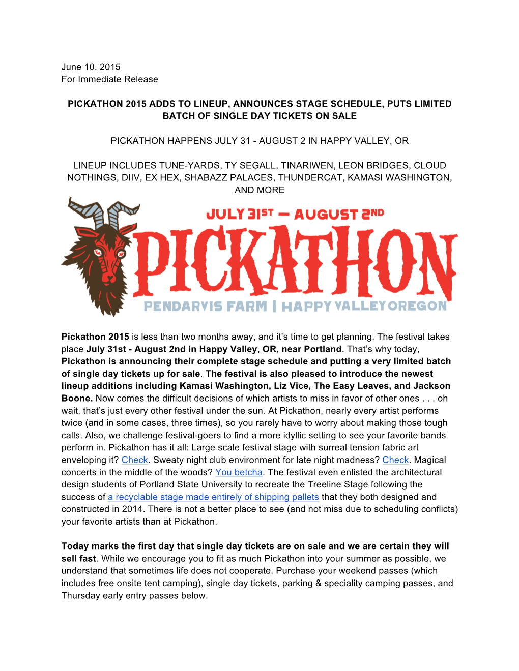 June 10, 2015 for Immediate Release PICKATHON 2015 ADDS TO