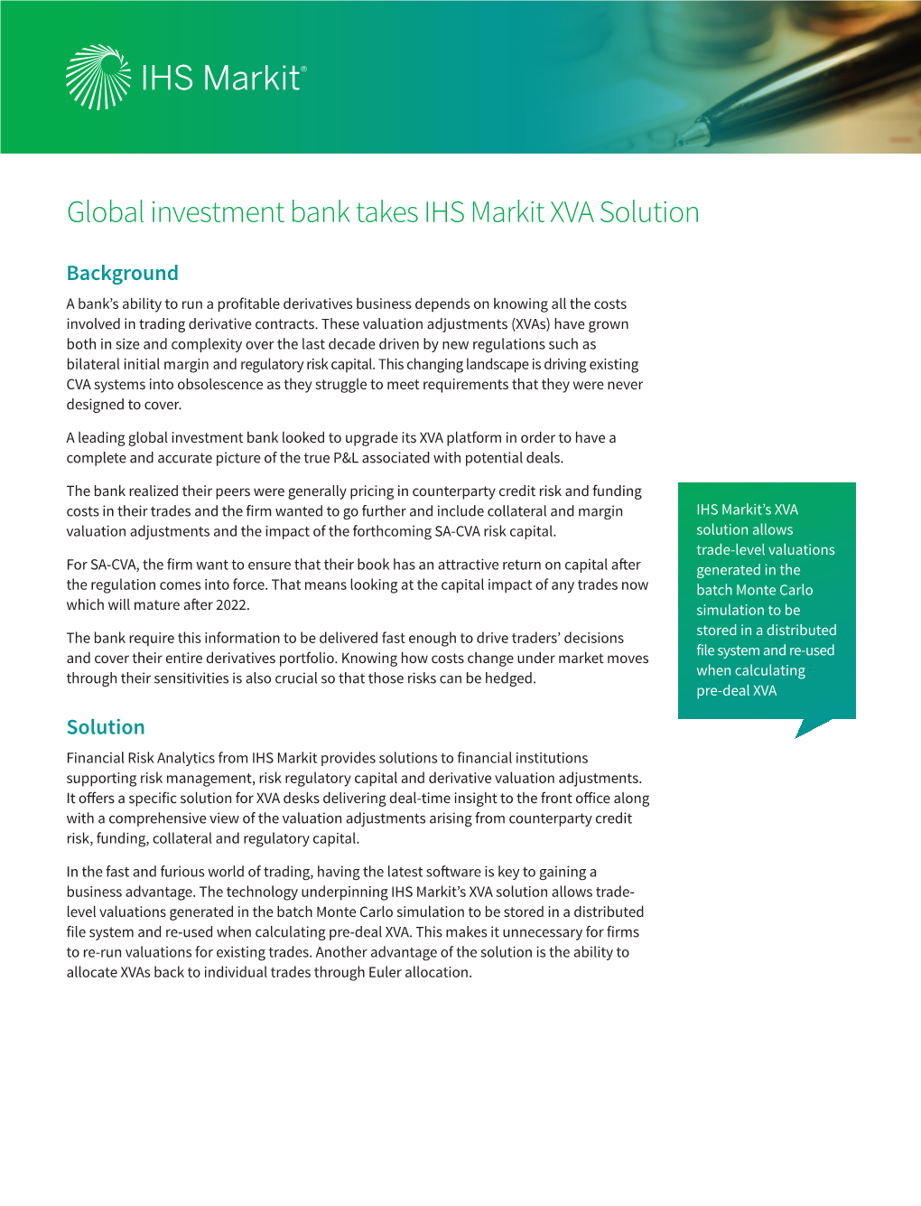Global Investment Bank Takes IHS Markit XVA Solution