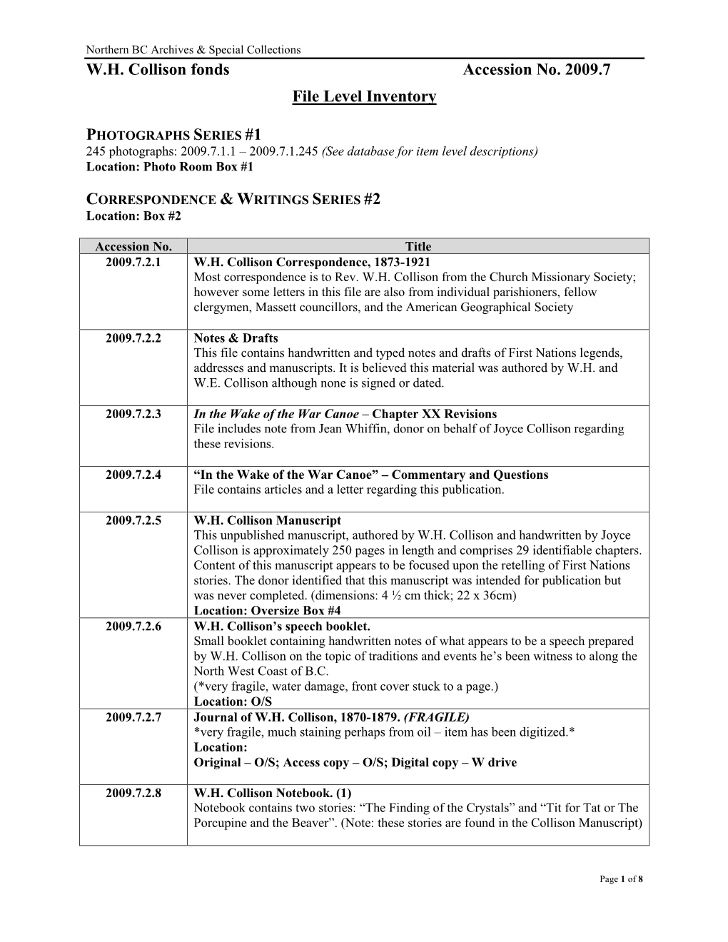 W.H. Collison Fonds Accession No. 2009.7 File Level Inventory