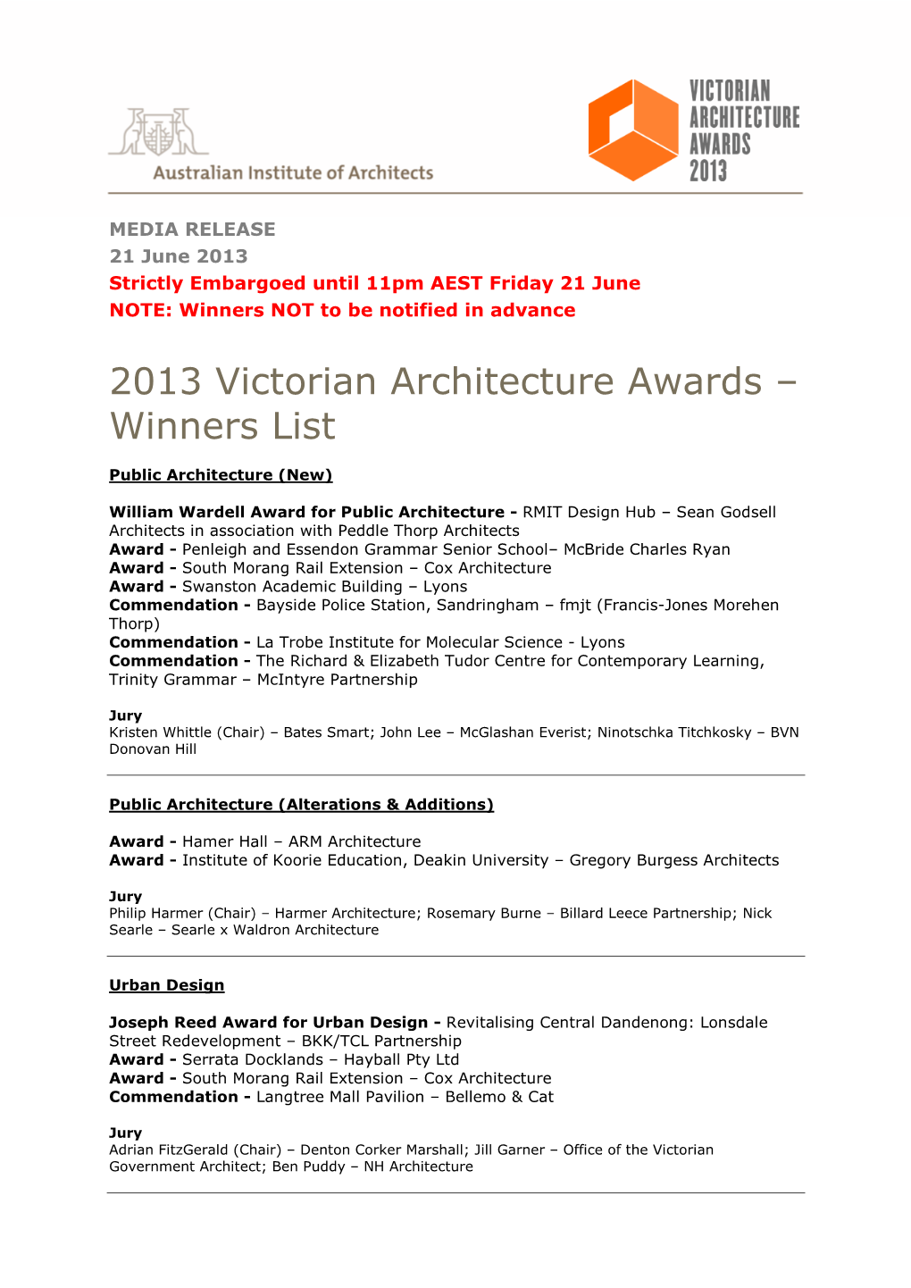 2013 Victorian Architecture Awards – Winners List
