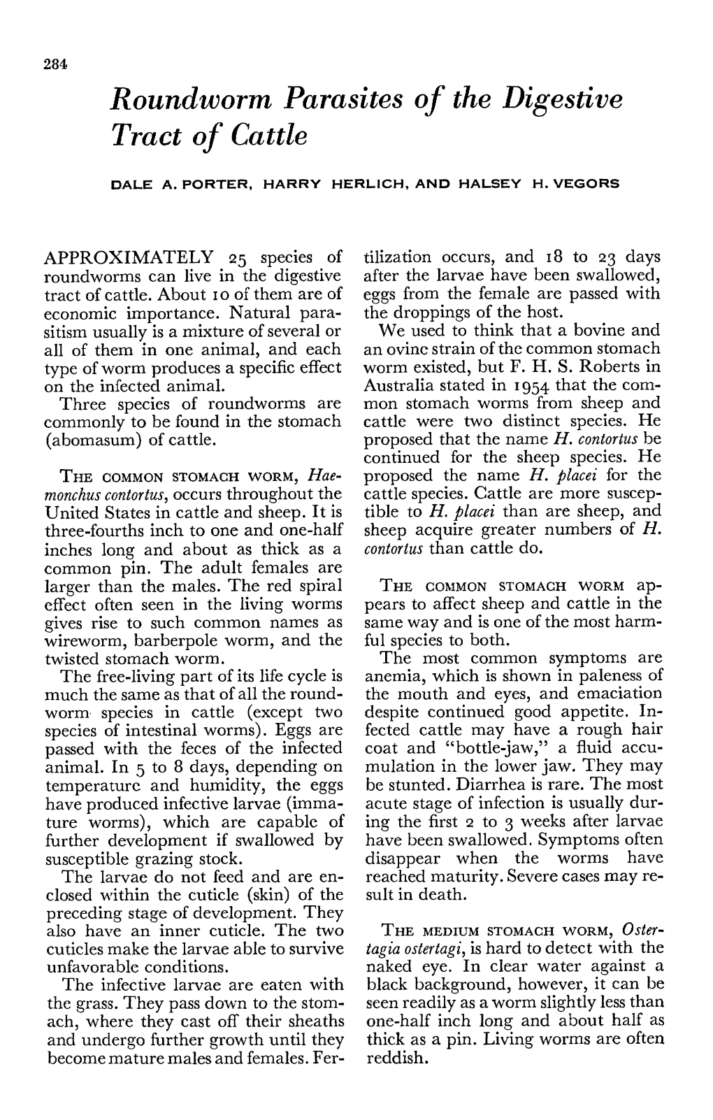 Roundworm Parasites of the Digestive Tract of Cattle