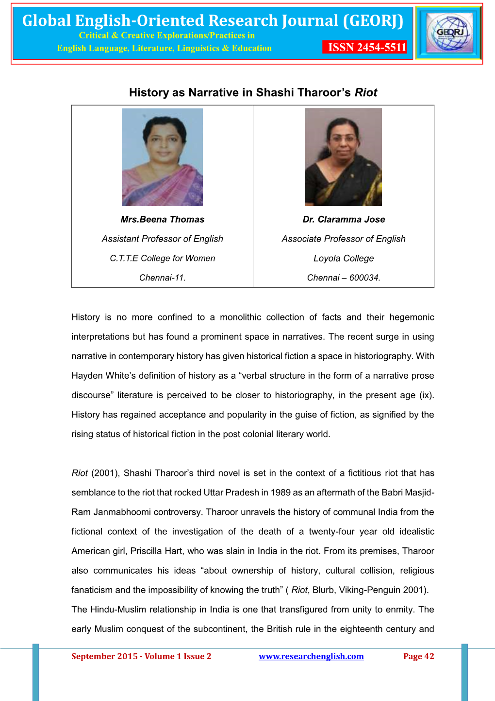 Global English-Oriented Research Journal (GEORJ) Critical & Creative Explorations/Practices in English Language, Literature, Linguistics & Education ISSN 2454-5511