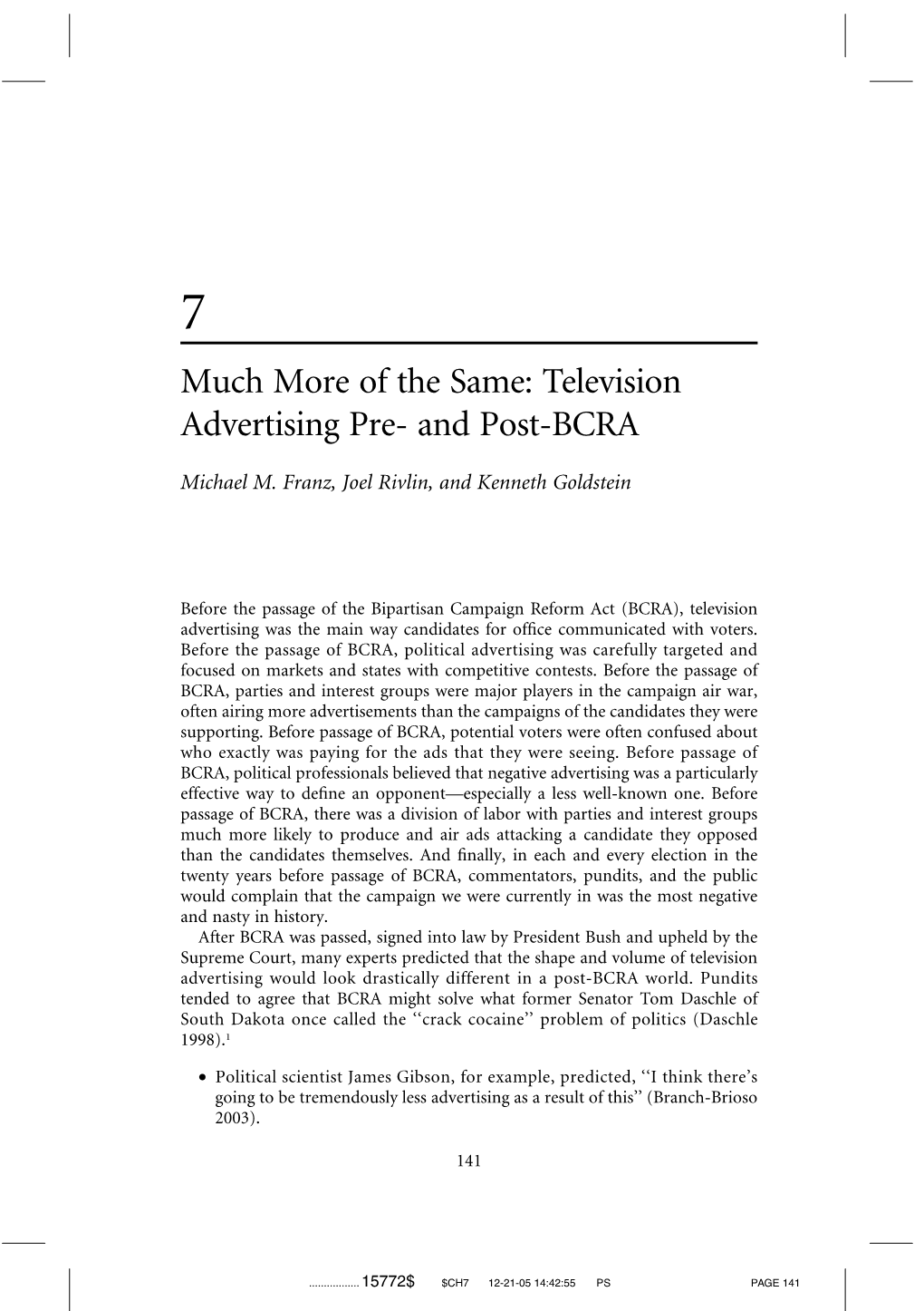Television Advertising Pre- and Post-BCRA