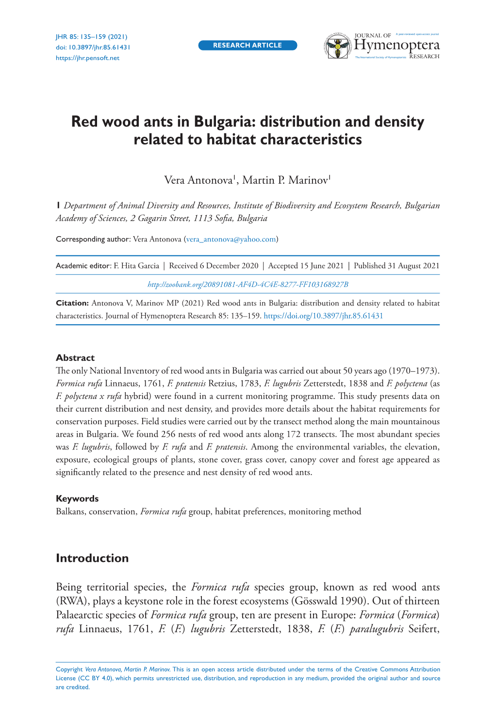 Red Wood Ants in Bulgaria: Distribution and Density Related to Habitat Characteristics