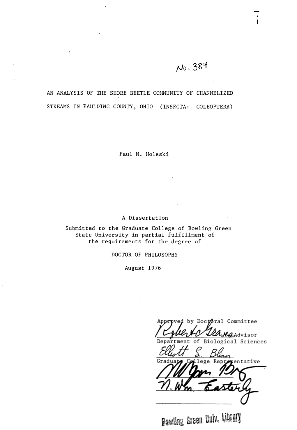 COMMUNITY of STREAMS in PAULDING COUNTY, COLEOPTERA) Paul M. the Requirements for the Degree of DOCTOR of PHILOSOPHY August 1