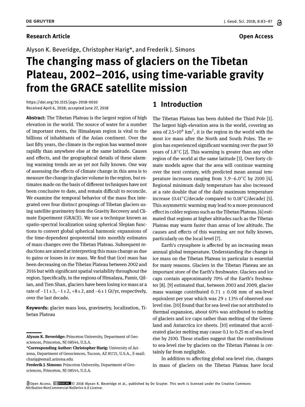 The Changing Mass of Glaciers on the Tibetan Plateau, 2002–2016, Using