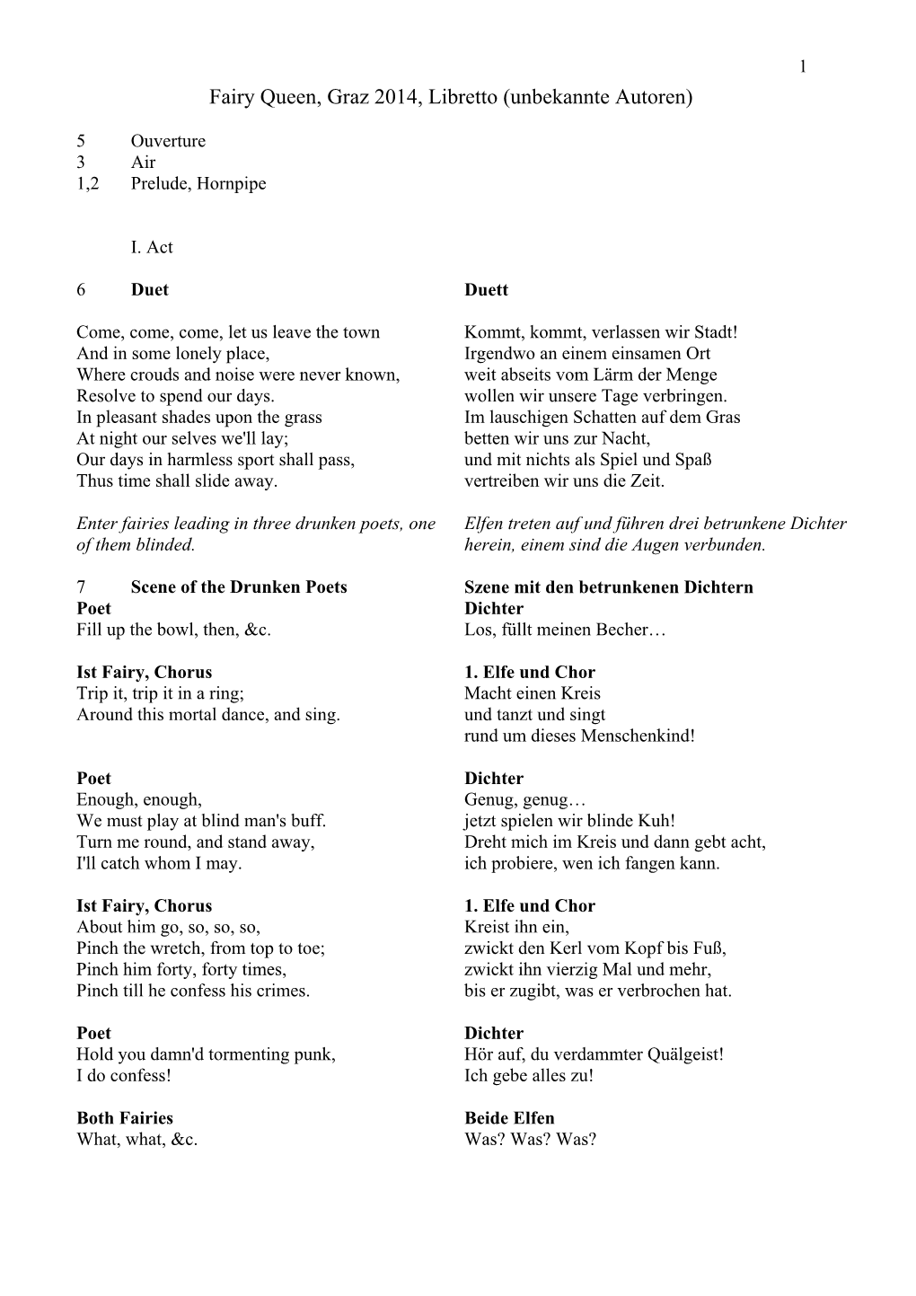 Fairy Queen, Graz 2014, Libretto (Unbekannte Autoren)