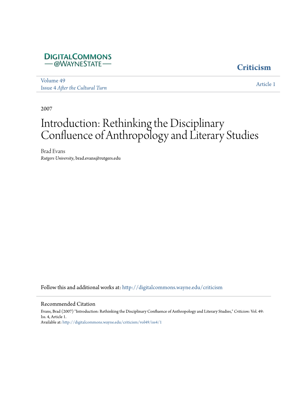 Rethinking the Disciplinary Confluence of Anthropology and Literary Studies Brad Evans Rutgers University, Brad.Evans@Rutgers.Edu