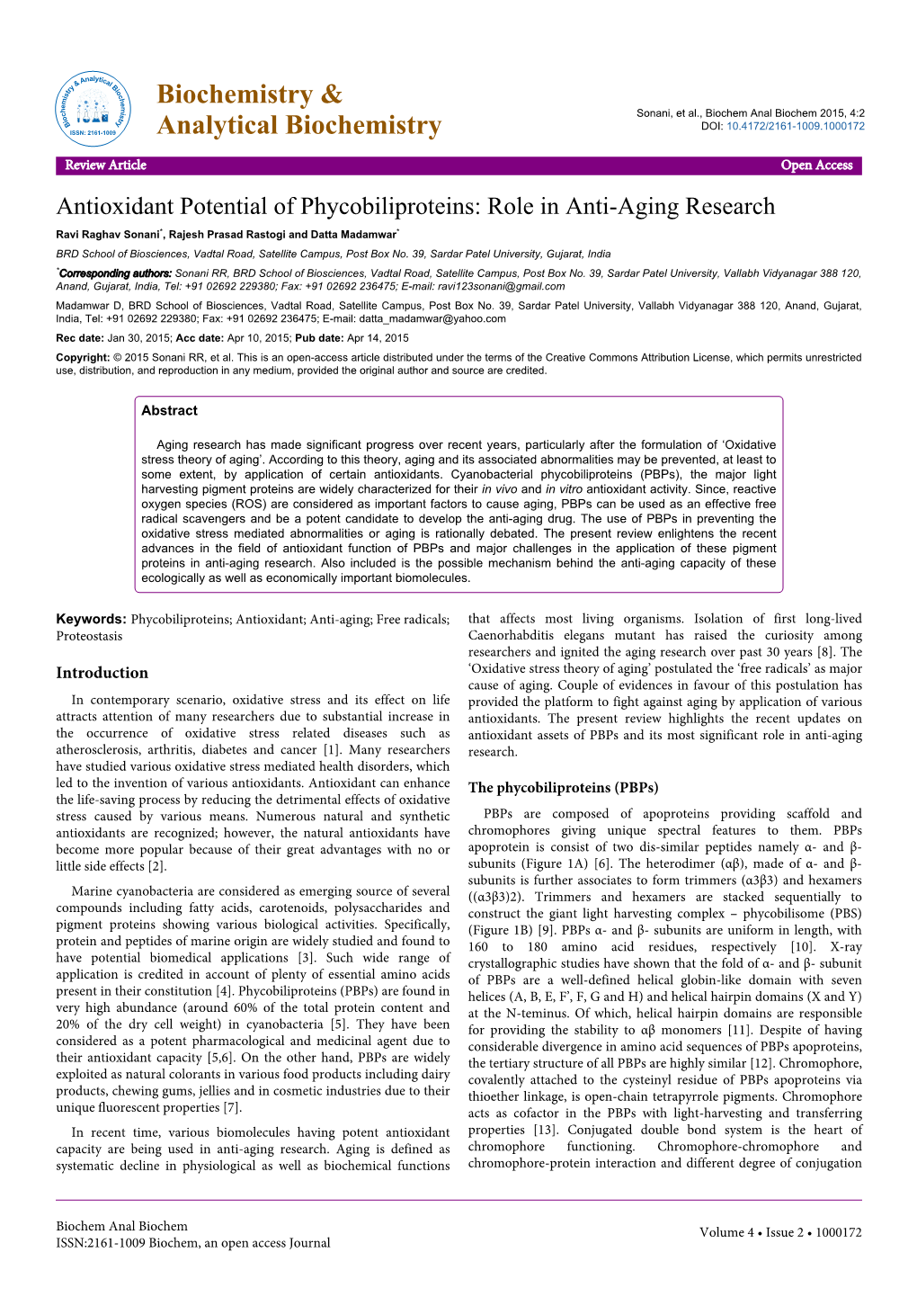 Antioxidant Potential of Phycobiliproteins: Role in Anti-Aging Research