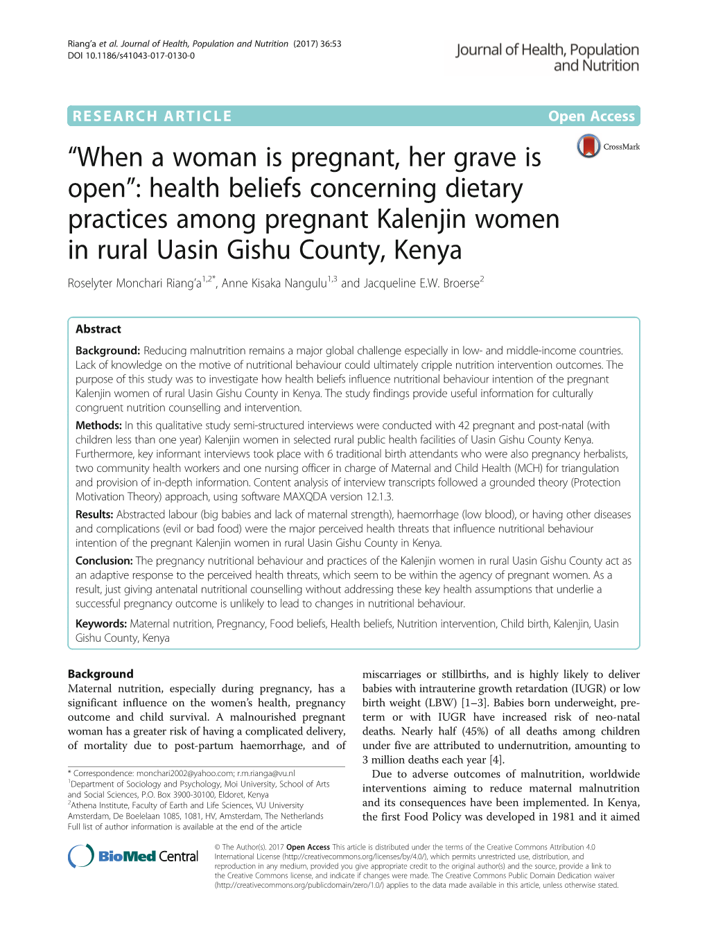 Health Beliefs Concerning Dietary Practices Among Pregnant Kalenjin