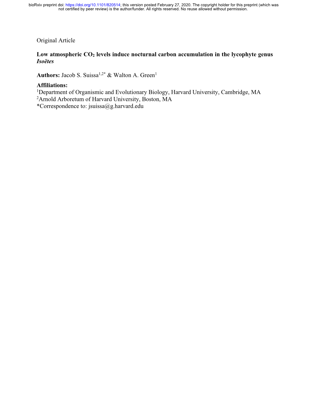 Low Atmospheric CO2 Levels Induce Nocturnal Carbon Accumulation in the Lycophyte Genus Isoëtes