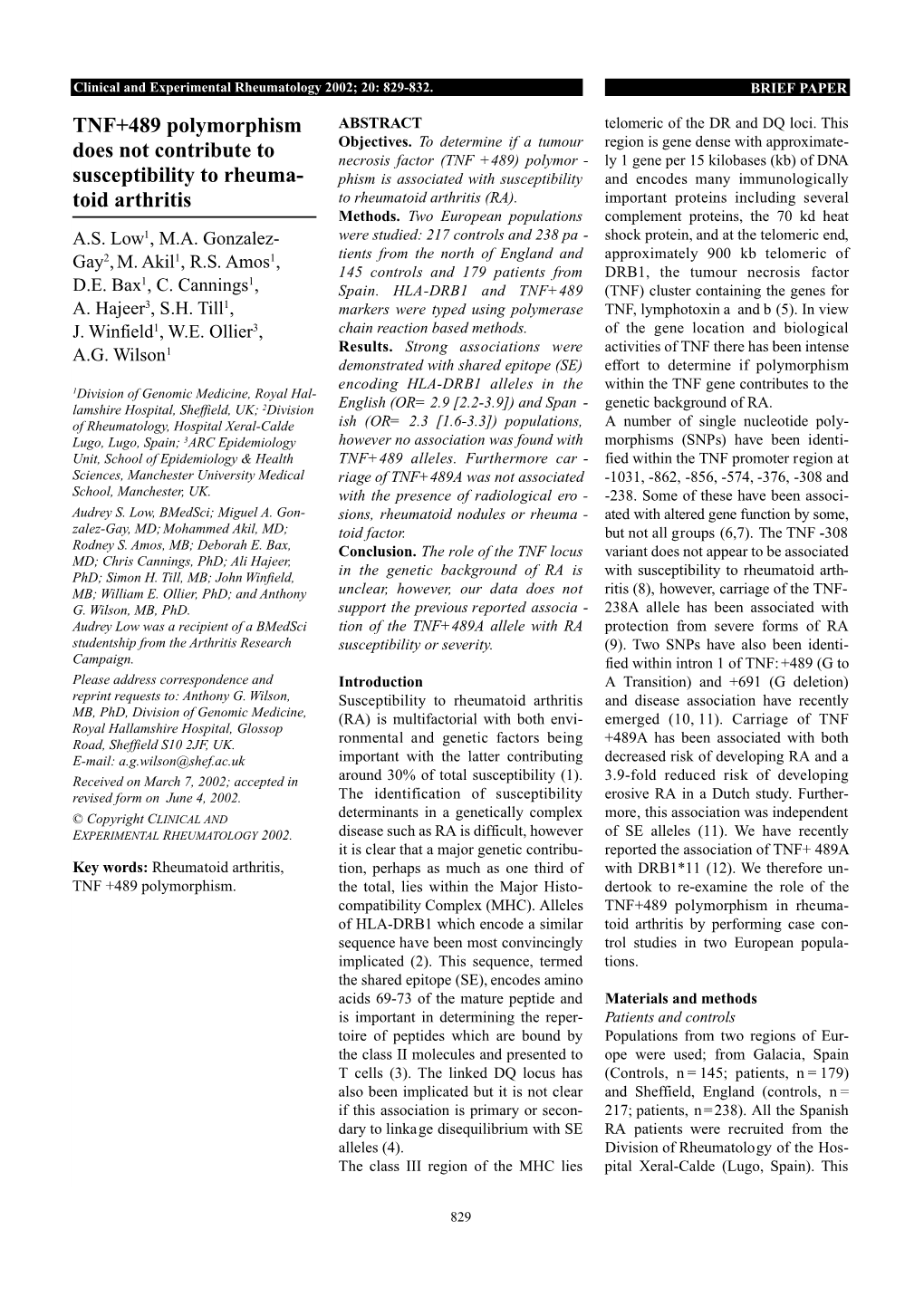 TNF+489 Polymorphism Does Not Contribute to Susceptibility to Rheuma