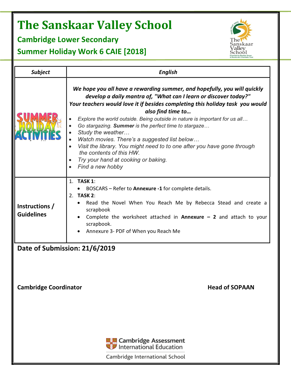 The Sanskaar Valley School Cambridge Lower Secondary Summer Holiday Work 6 CAIE [2018]