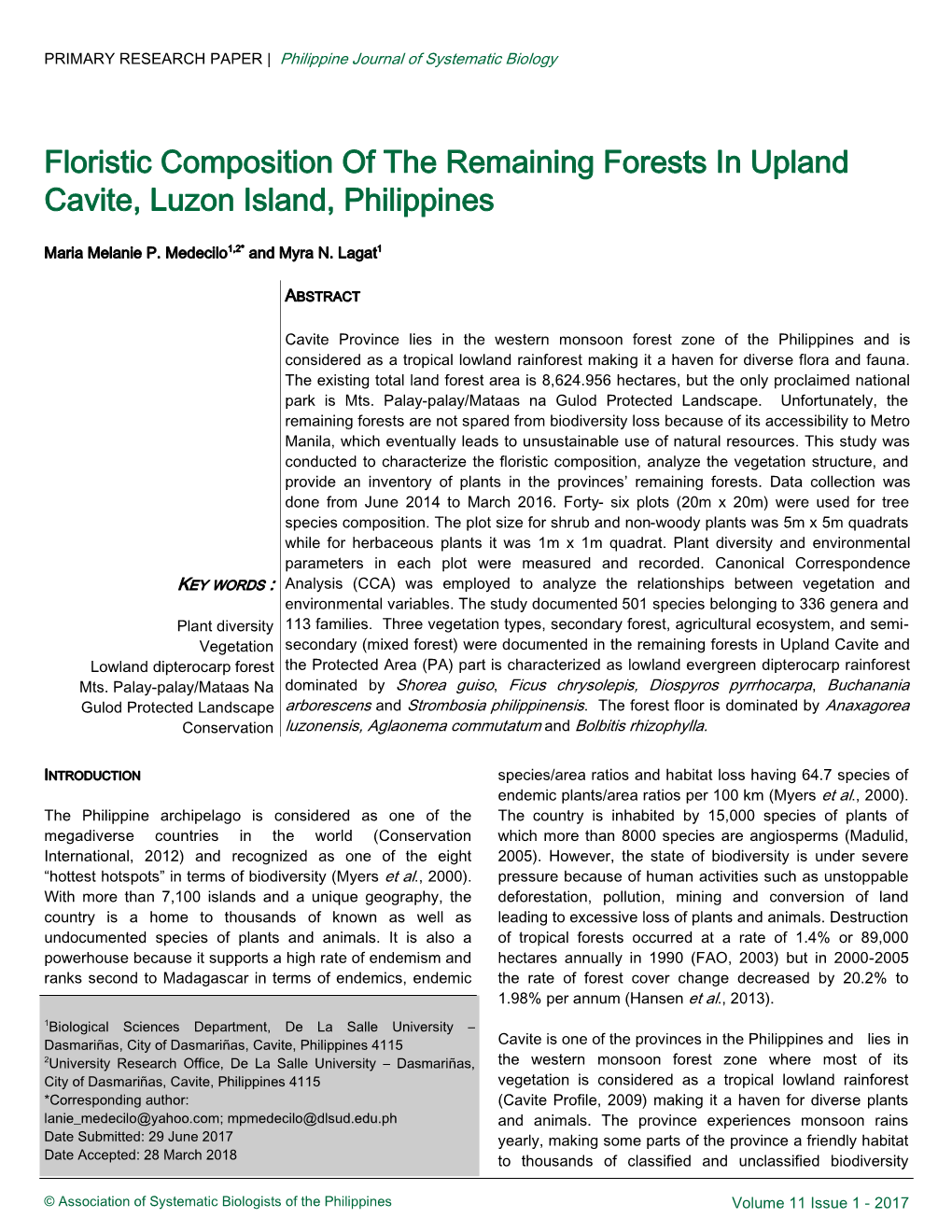 Floristic Composition of the Remaining Forests in Upland Cavite, Luzon Island, Philippines