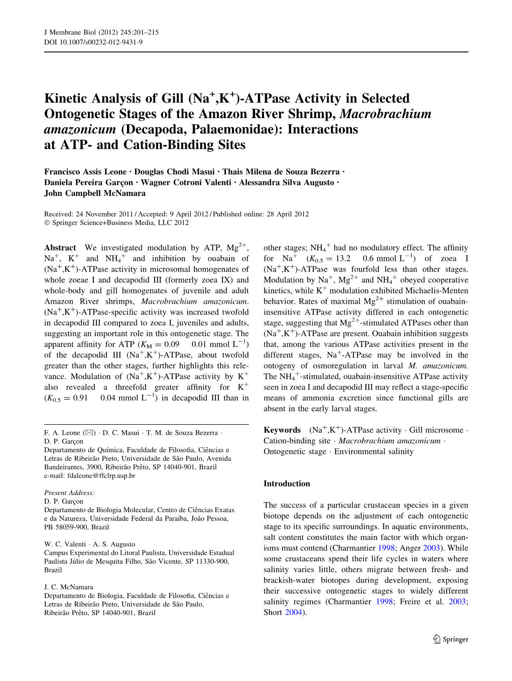 Kinetic Analysis of Gill (Na ,K )-Atpase Activity In