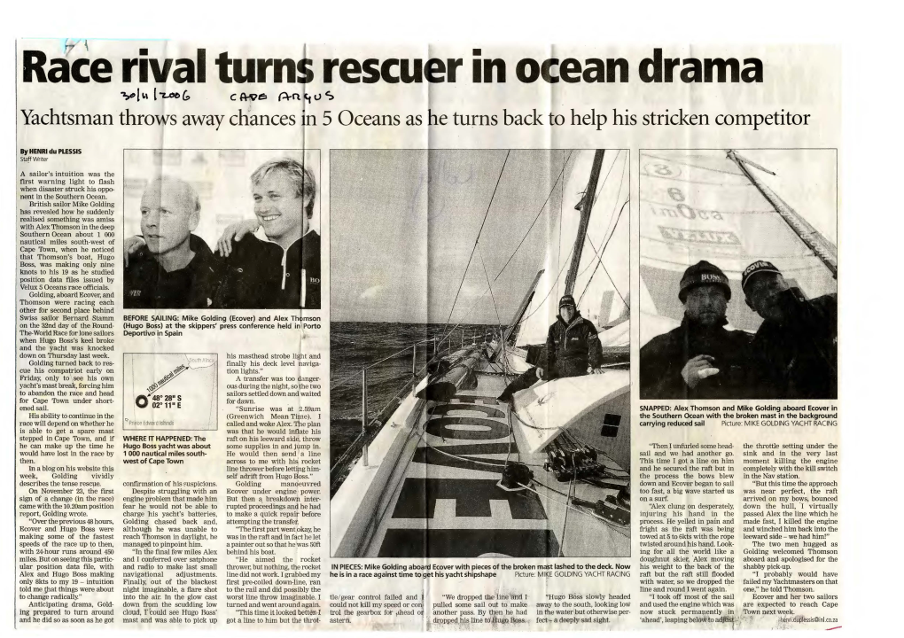 Race Rival Turns Rescuer in O Ean Drama Vl"' L~C:> C ~6 A-N V~ Yachtsman Throws Away Chances M 5 Oceans As He Turns Back to Help His Stricken Competitor