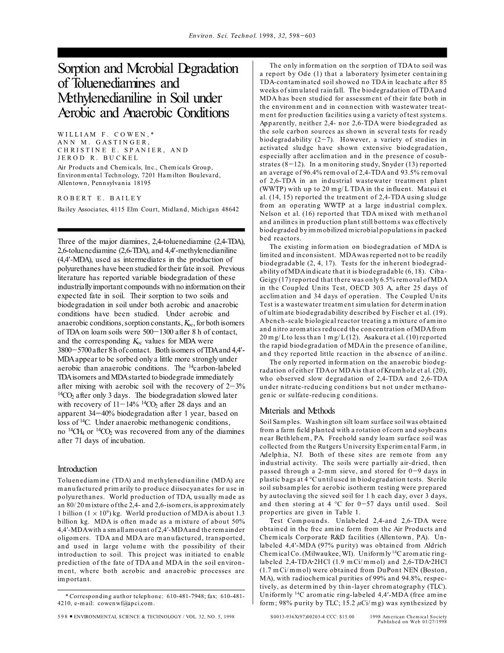 Sorption and Microbial Degradation of Toluenediamines And