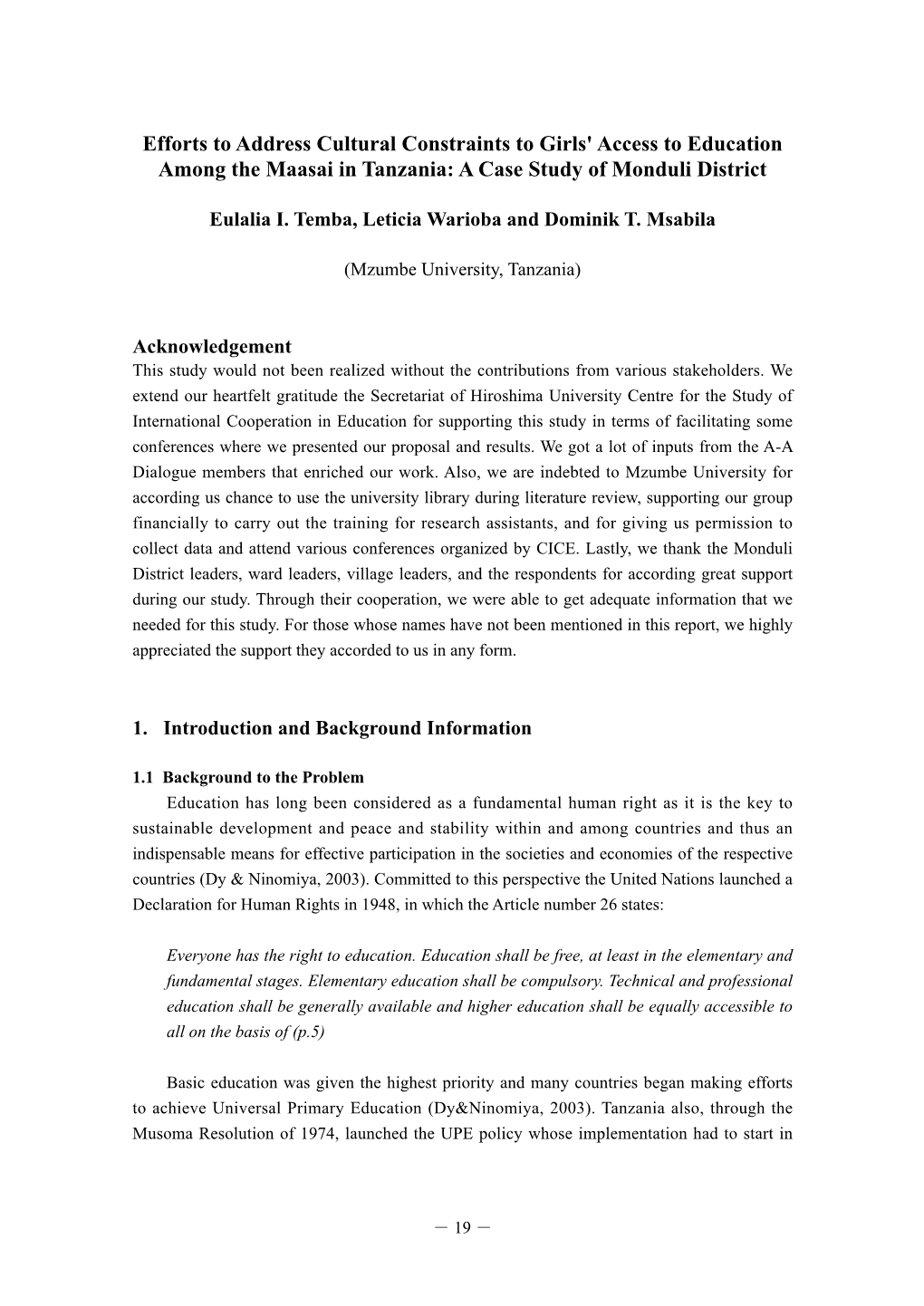 Efforts to Address Cultural Constraints to Girls' Access to Education Among the Maasai in Tanzania: a Case Study of Monduli District