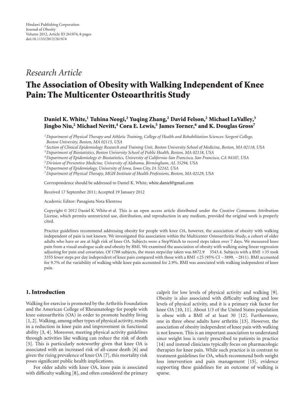 Research Article the Association of Obesity with Walking Independent of Knee Pain: the Multicenter Osteoarthritis Study