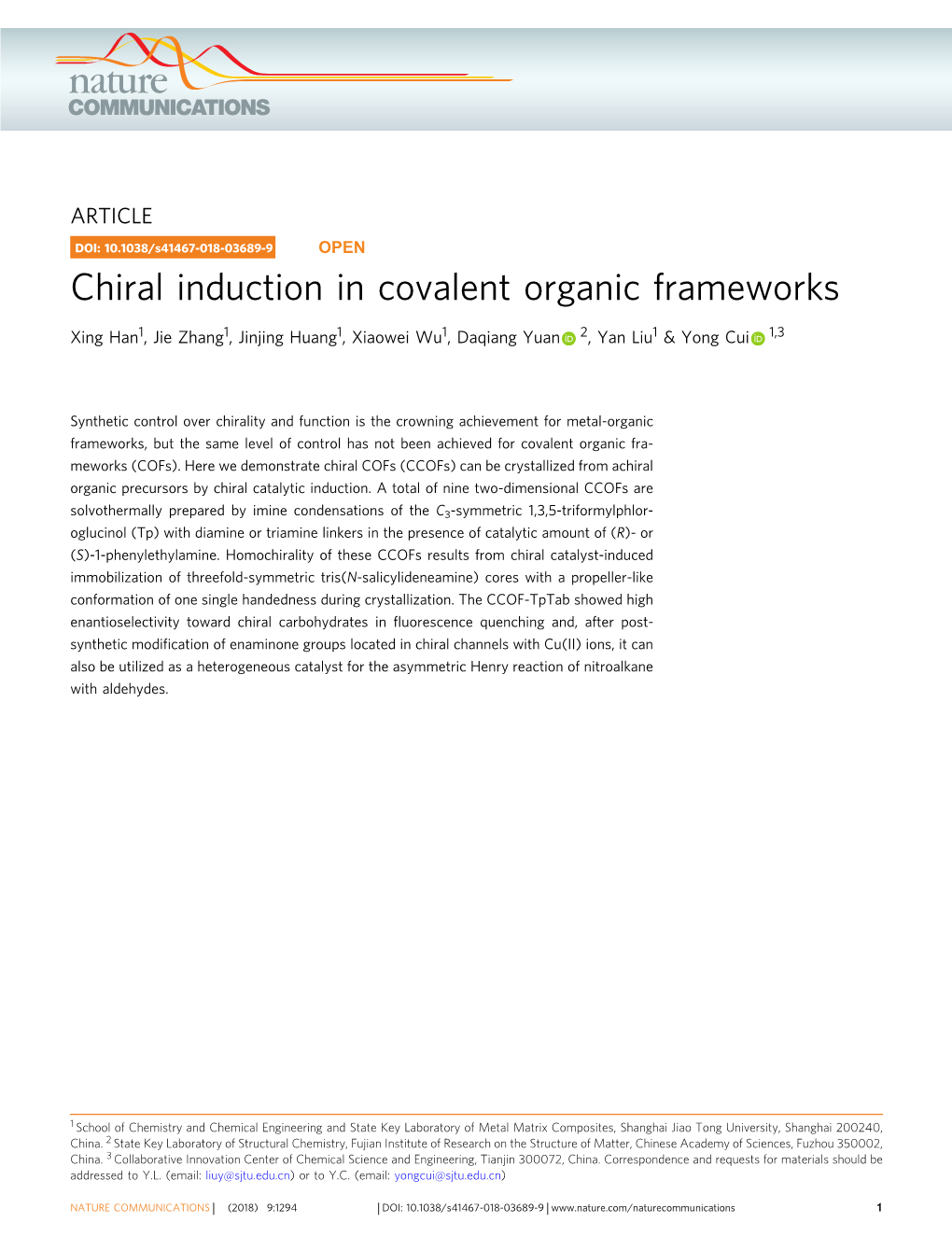 Chiral Induction in Covalent Organic Frameworks