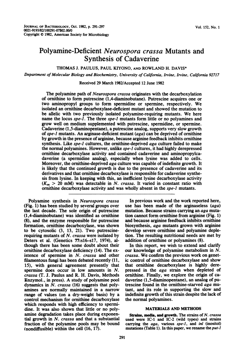 Polyamine-Deficient Neurospora Crassa Mutants and Synthesis of Cadaverine THOMAS J