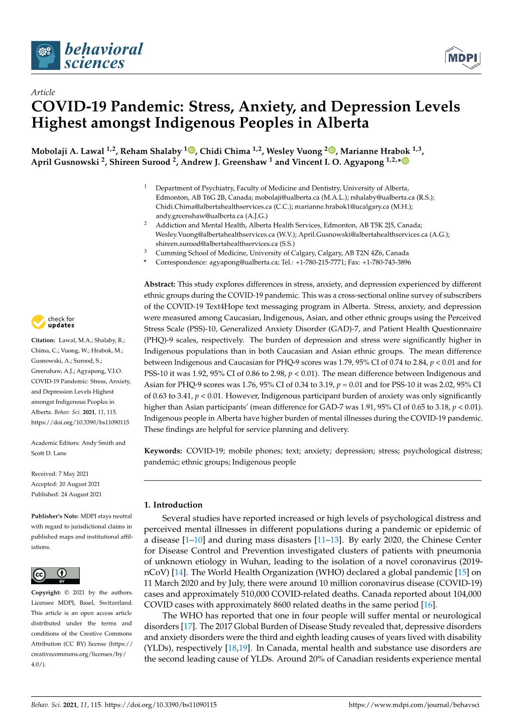 COVID-19 Pandemic: Stress, Anxiety, and Depression Levels Highest Amongst Indigenous Peoples in Alberta