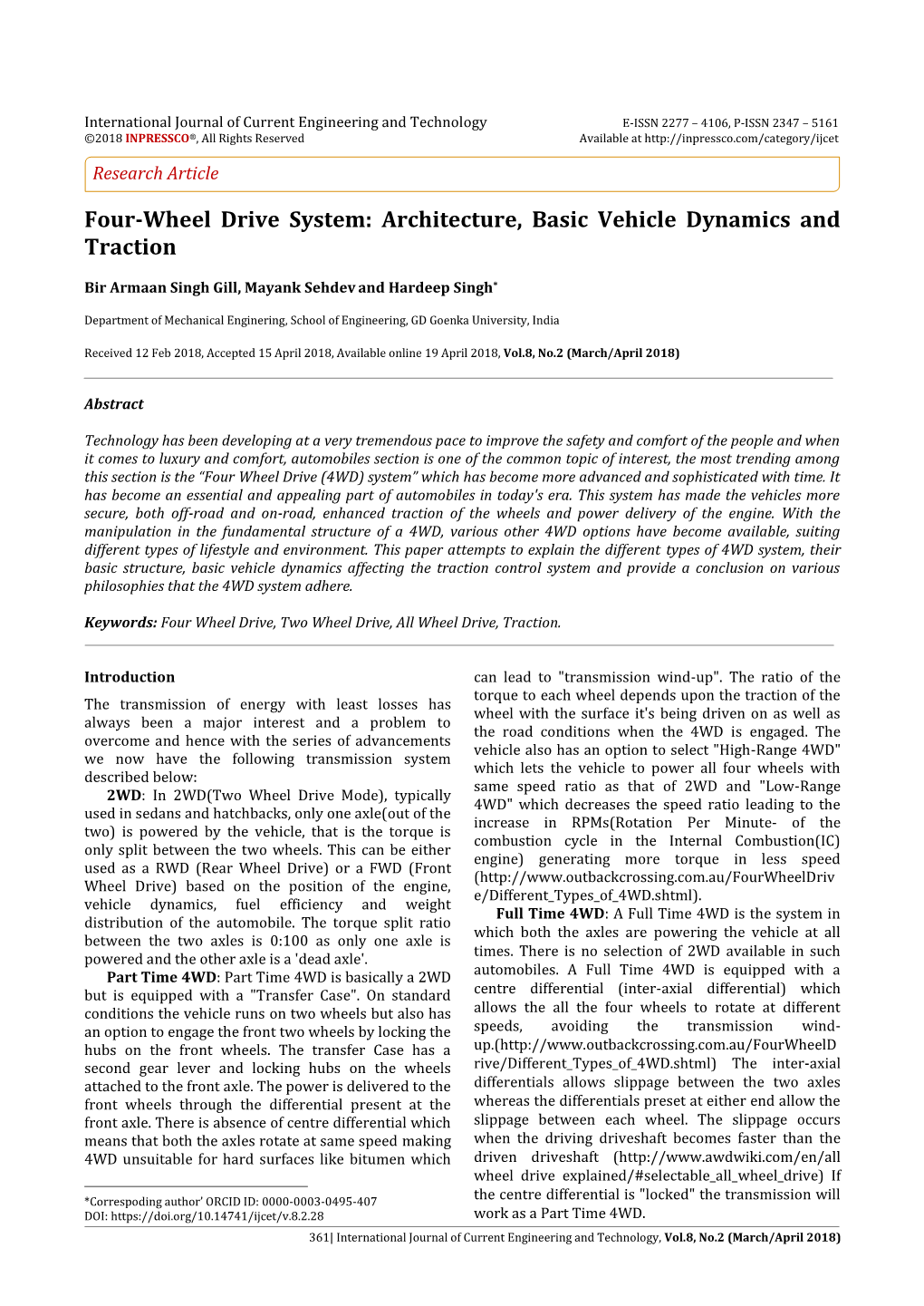 Four-Wheel Drive System: Architecture, Basic Vehicle Dynamics and Traction