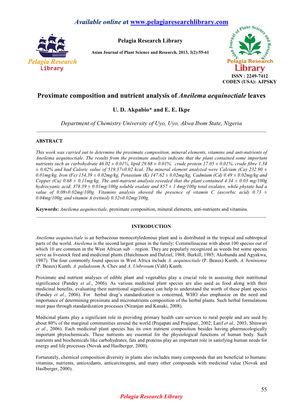 Proximate Composition and Nutrient Analysis of Aneilema Aequinoctiale Leaves