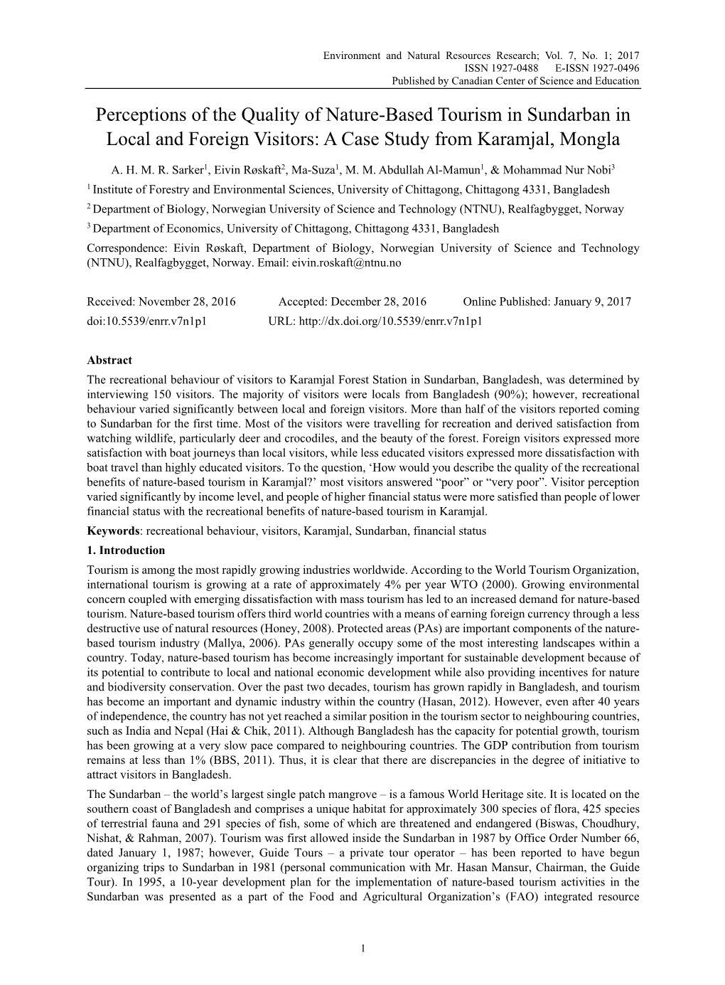 Perceptions of the Quality of Nature-Based Tourism in Sundarban in Local and Foreign Visitors: a Case Study from Karamjal, Mongla