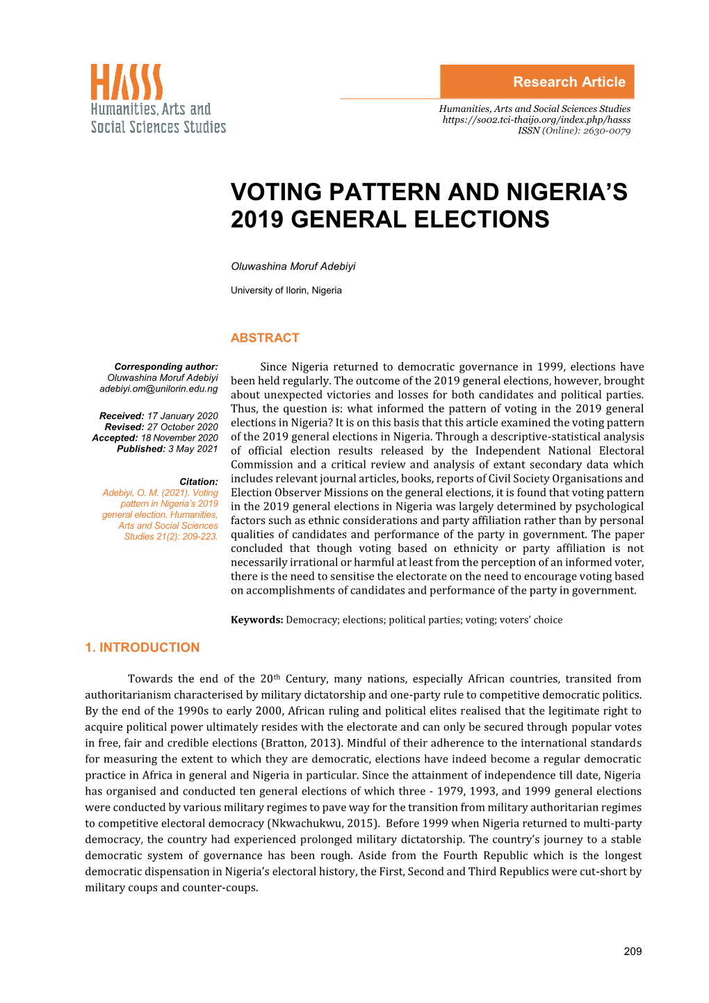 Voting Pattern and Nigeria's 2019 General Elections