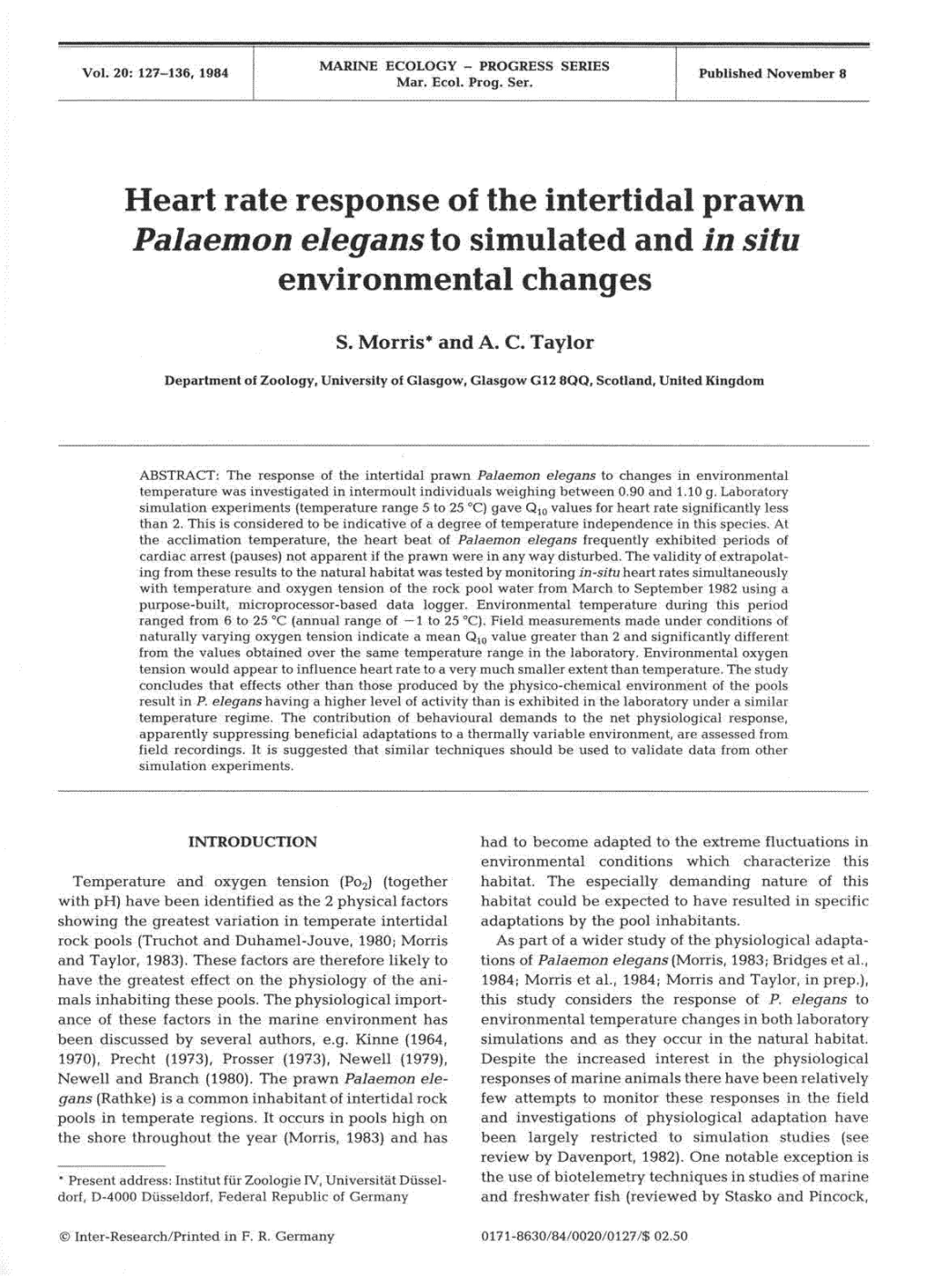 Heart Rate Response of the Intertidal Prawn Palaemon Elegans to Simulated and in Situ Environmental Changes