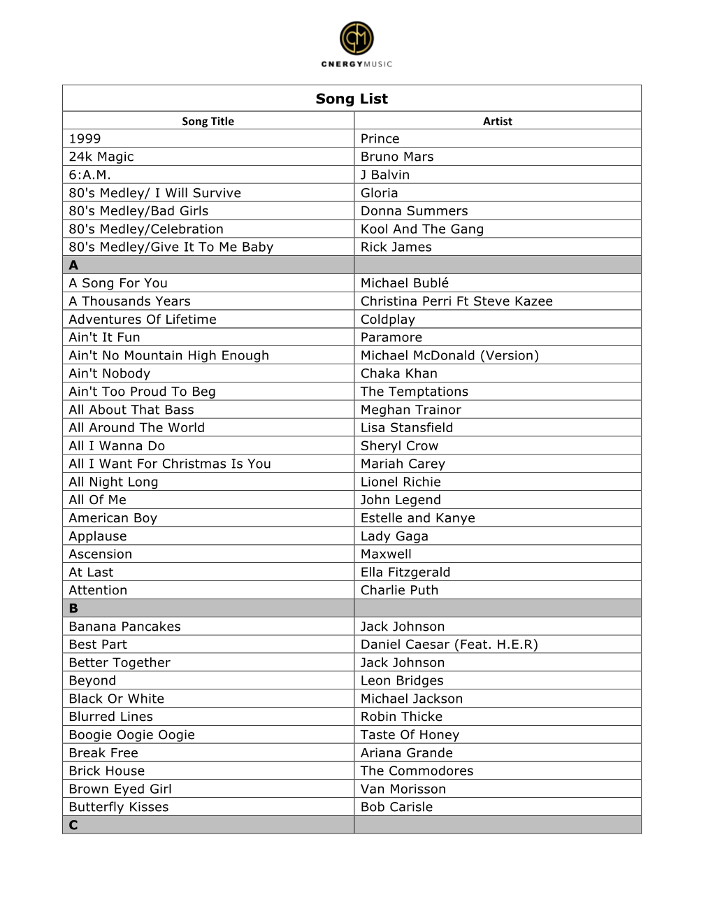 Song List Song Title Artist 1999 Prince 24K Magic Bruno Mars 6:A.M