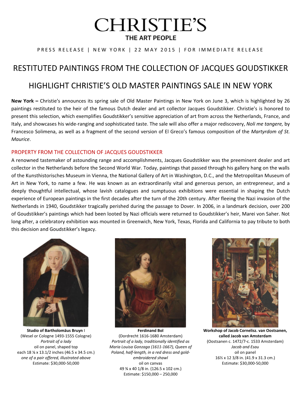 Restituted Paintings from the Collection of Jacques Goudstikker Highlight Christie's Old Master Paintings Sale in New York