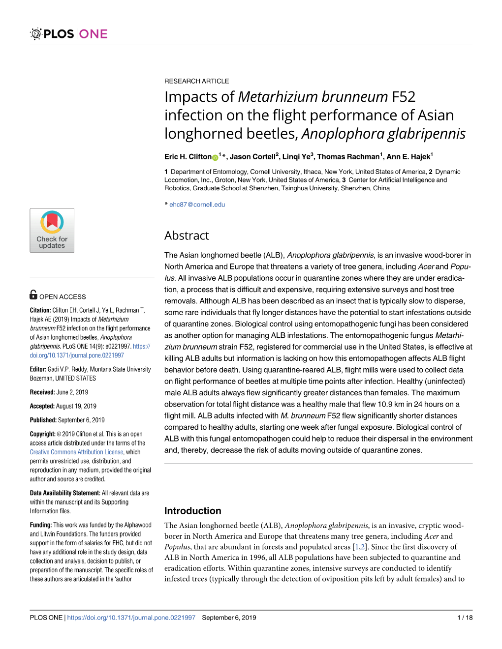 Impacts of Metarhizium Brunneum F52 Infection on the Flight Performance of Asian Longhorned Beetles, Anoplophora Glabripennis