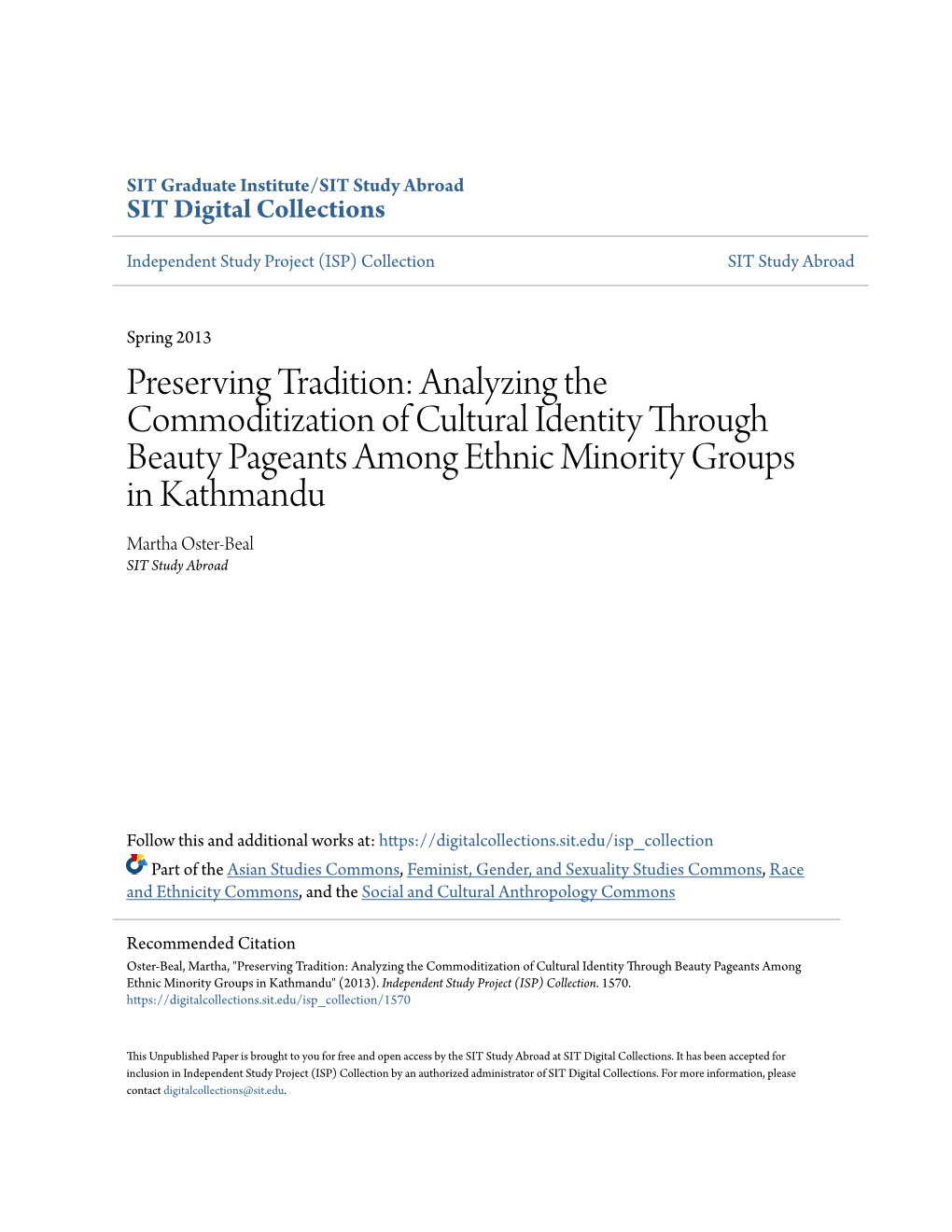 Analyzing the Commoditization of Cultural Identity Through Beauty Pageants Among Ethnic Minority Groups in Kathmandu Martha Oster-Beal SIT Study Abroad