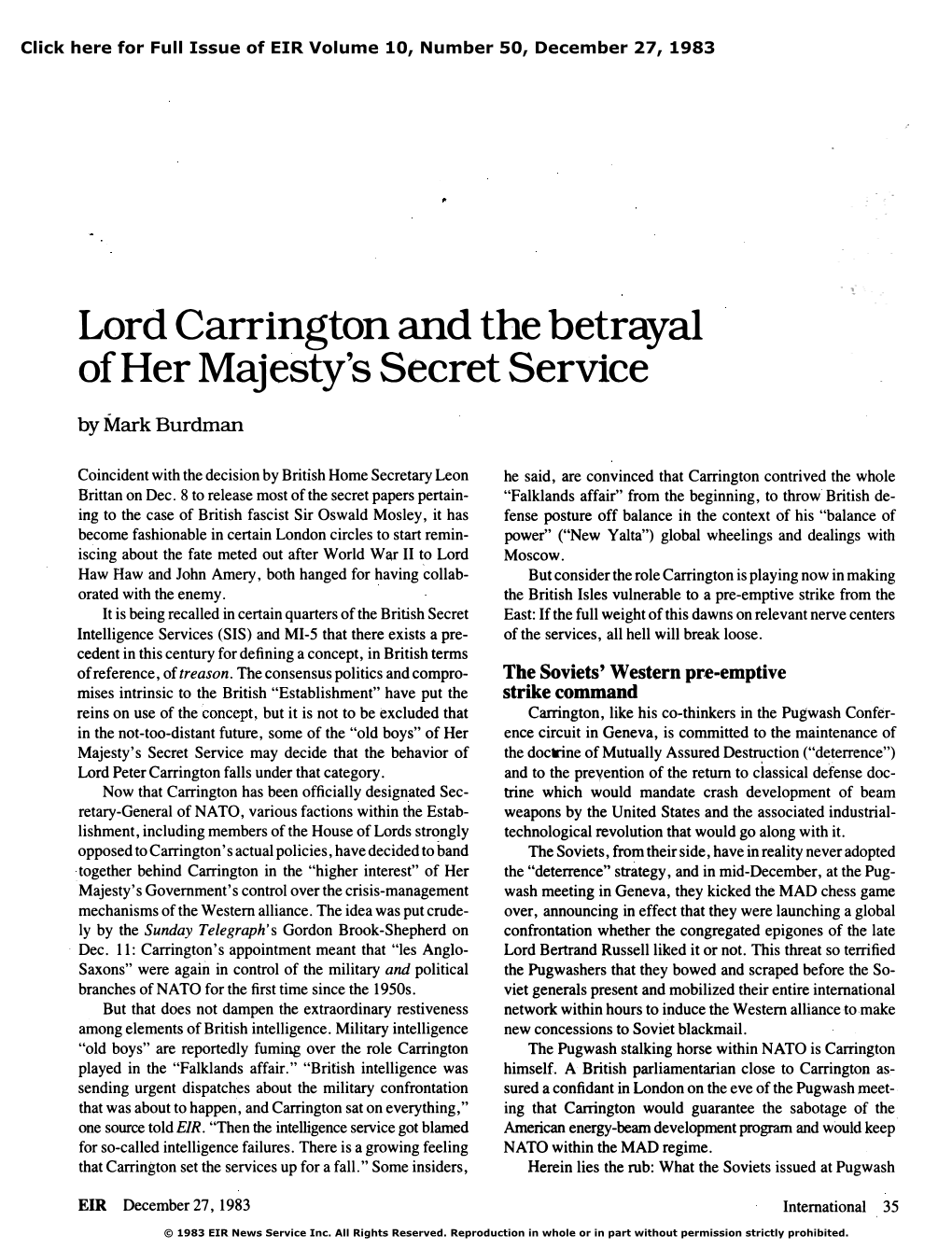 Lord Carrington and the Betrayal of Her Majesty's Secret Service