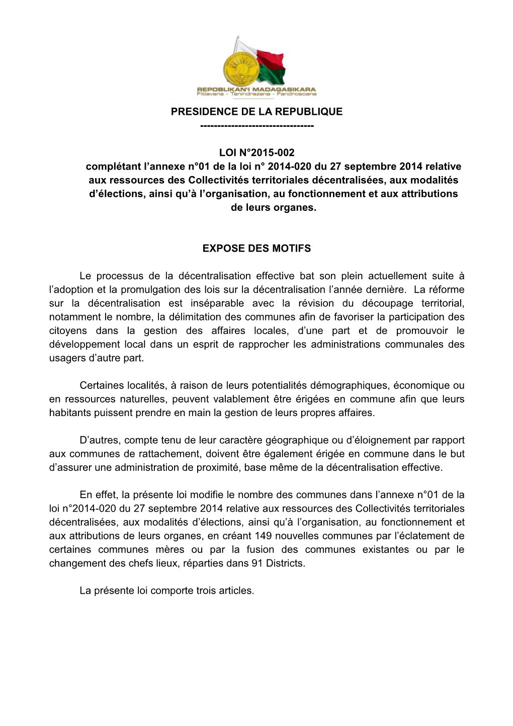 Loi 2015 -002 Du 26-02-015 Création Communes Version Promulguée