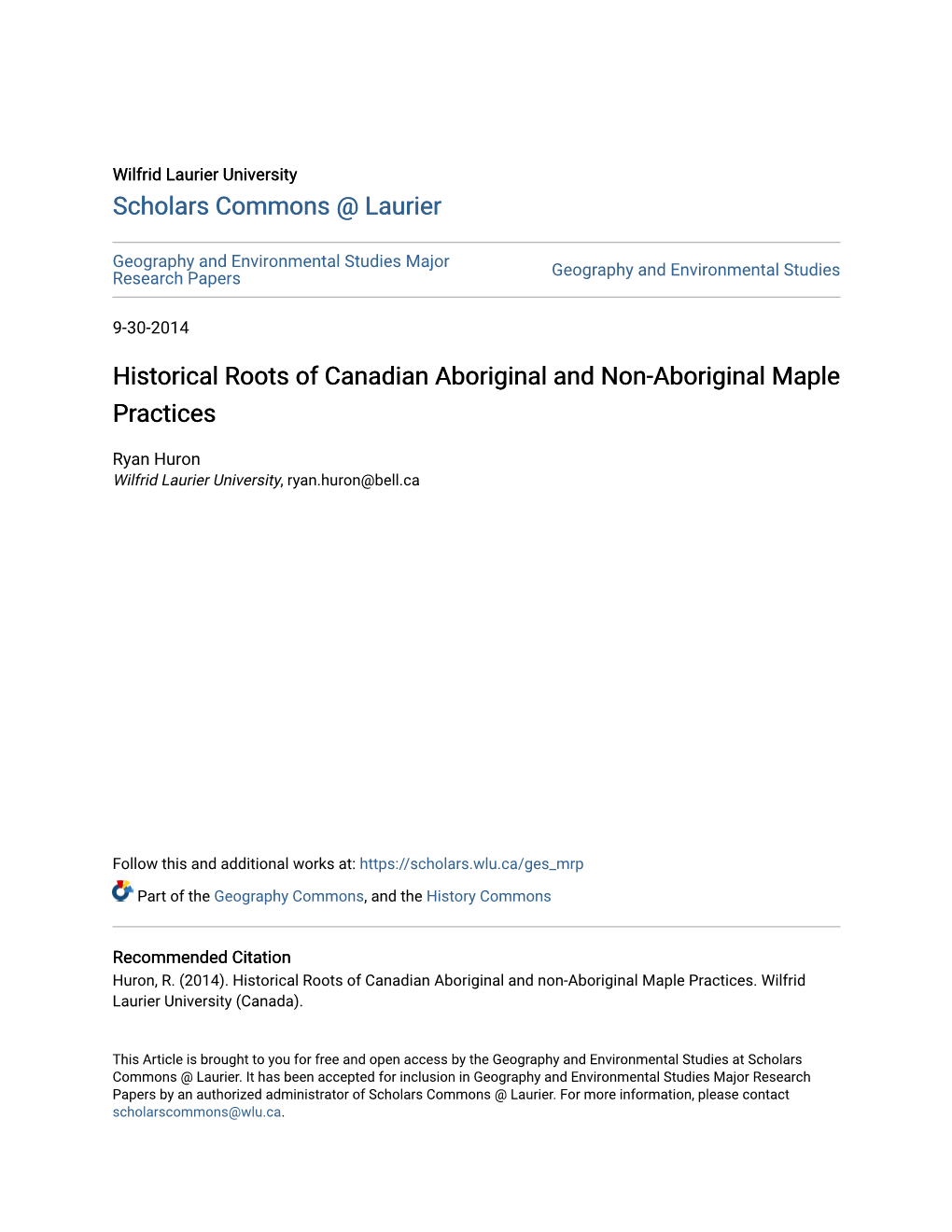 Historical Roots of Canadian Aboriginal and Non-Aboriginal Maple Practices