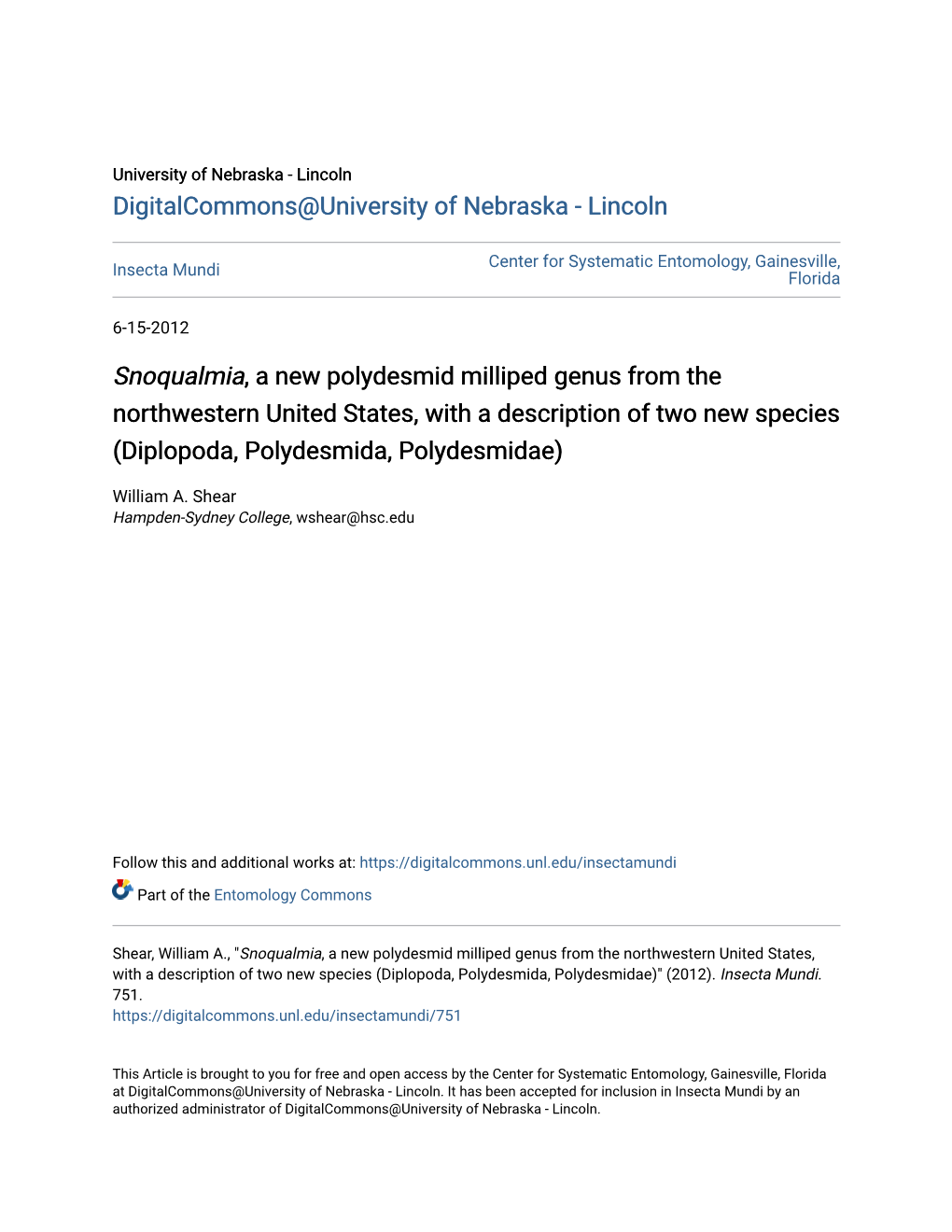 &lt;I&gt;Snoqualmia&lt;/I&gt;, a New Polydesmid Milliped Genus from The