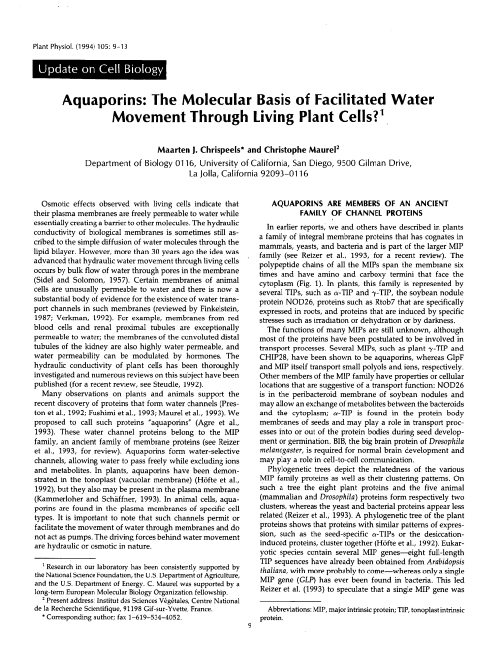Aquaporins: the Molecular Basis of Facilitated Water Movement Through Living Plant Cells?'