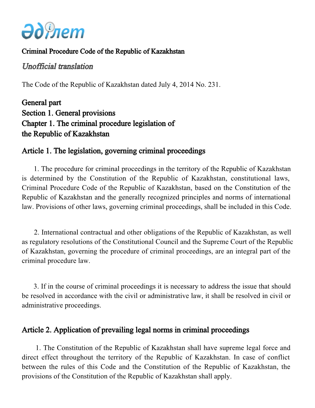 Criminal Procedure Code of the Republic of Kazakhstan Unofficial Translation