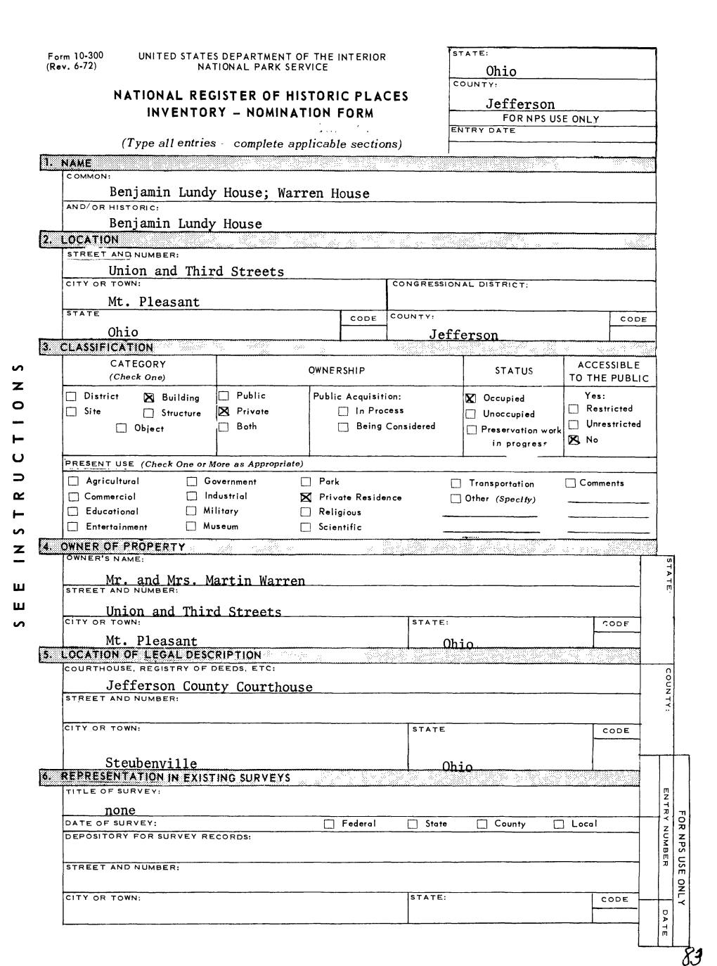 V^-;:;- •^••/Wf, TITLE of SURVEY: ENTR None -N O DATE of SURVEY: Q Federal ~^\ State Q1 County [7] Loca 7 73 DEPOSITORY for SURVEY RECORDS: Z Umbet TJ